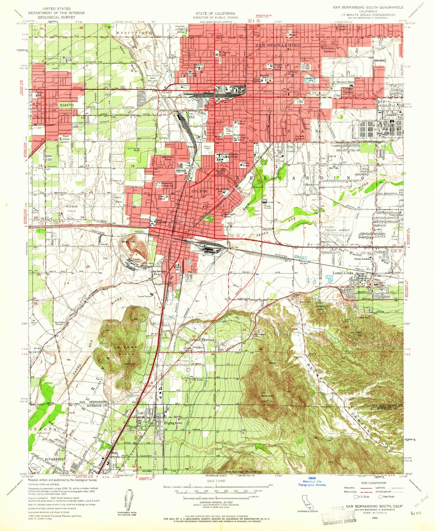 Classic USGS San Bernardino South California 7.5'x7.5' Topo Map Image