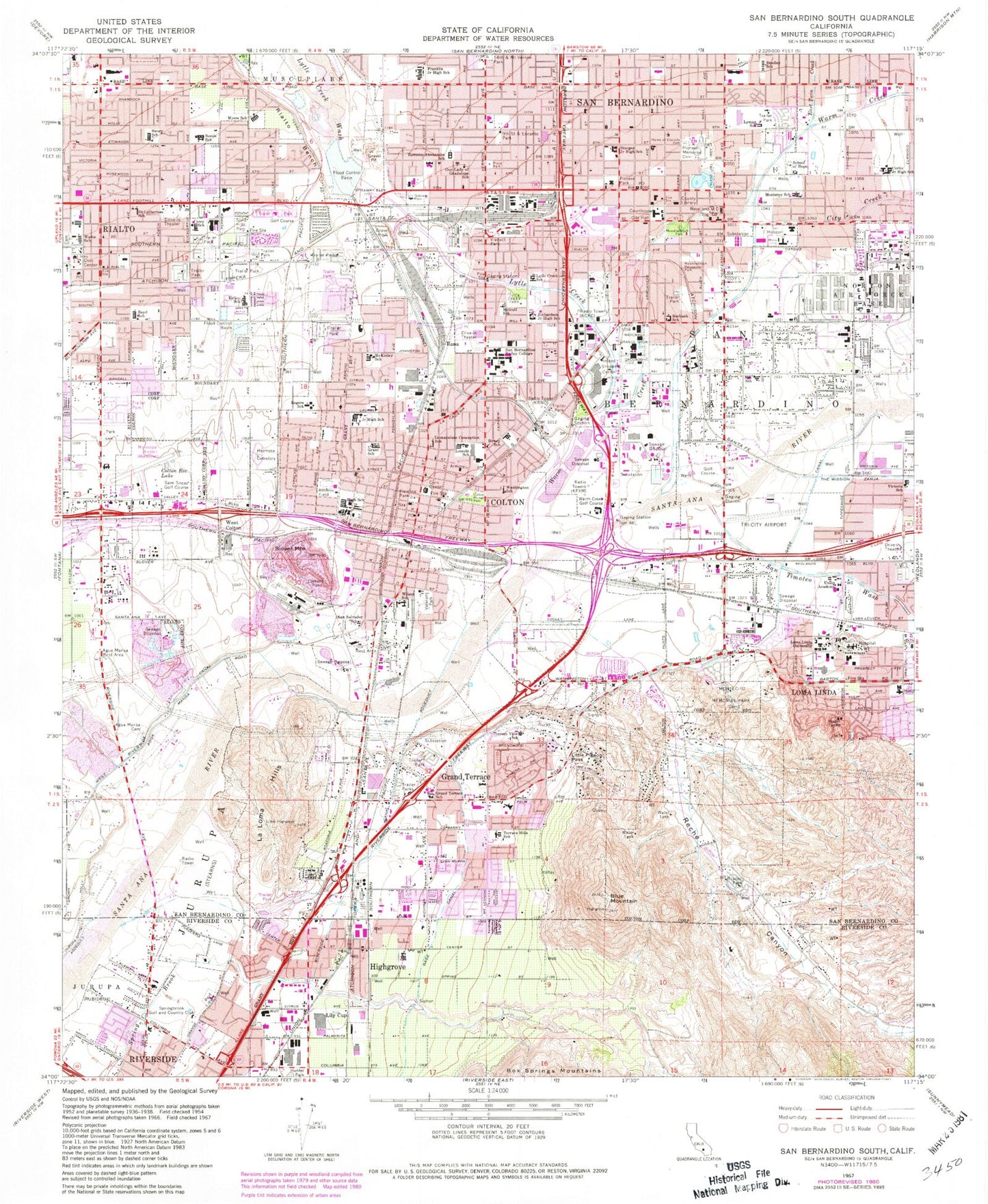 Classic USGS San Bernardino South California 7.5'x7.5' Topo Map Image
