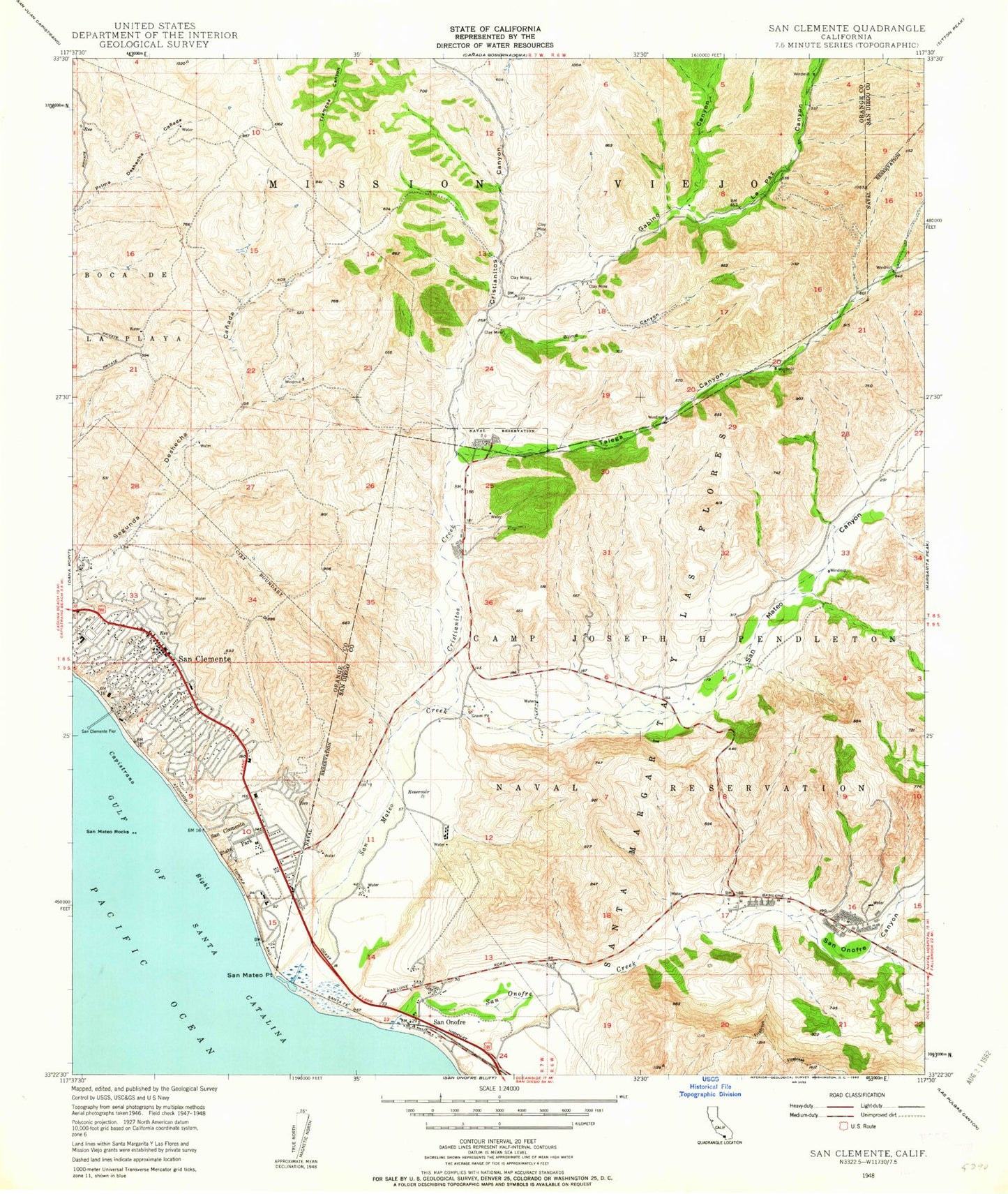 Classic USGS San Clemente California 7.5'x7.5' Topo Map Image