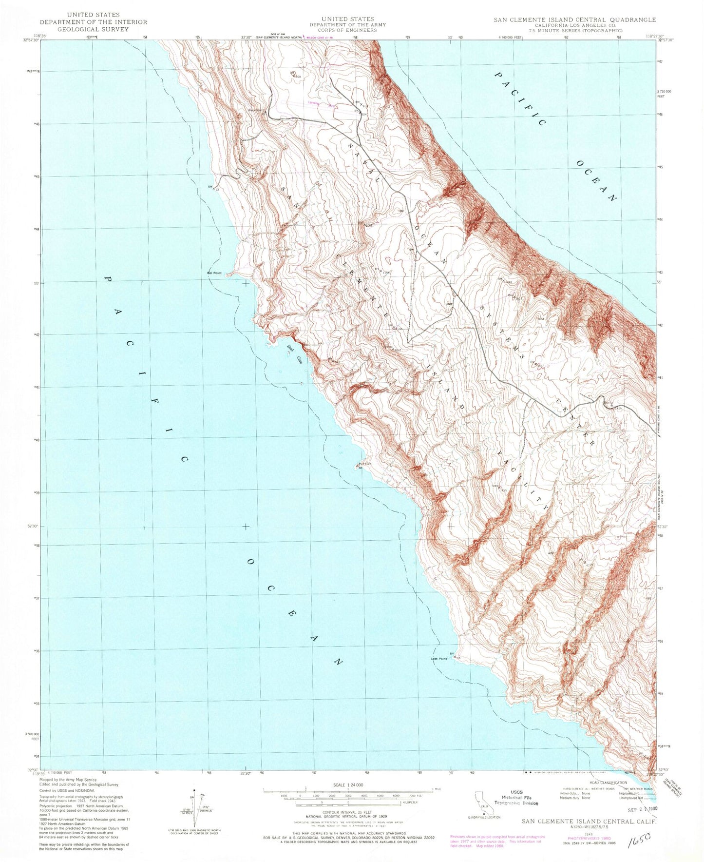 Classic USGS San Clemente Island Central California 7.5'x7.5' Topo Map Image