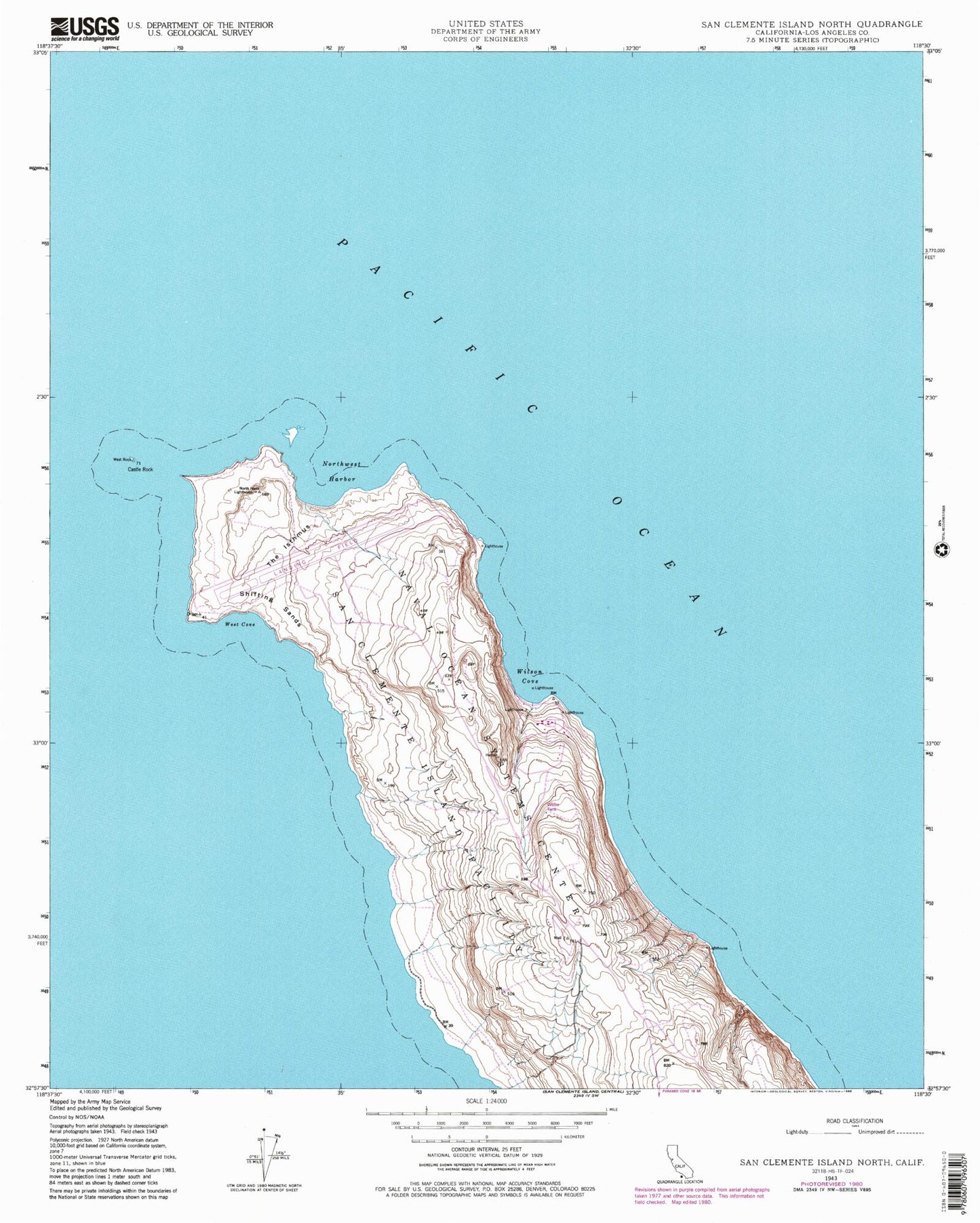 Classic USGS San Clemente Island North California 7.5'x7.5' Topo Map Image