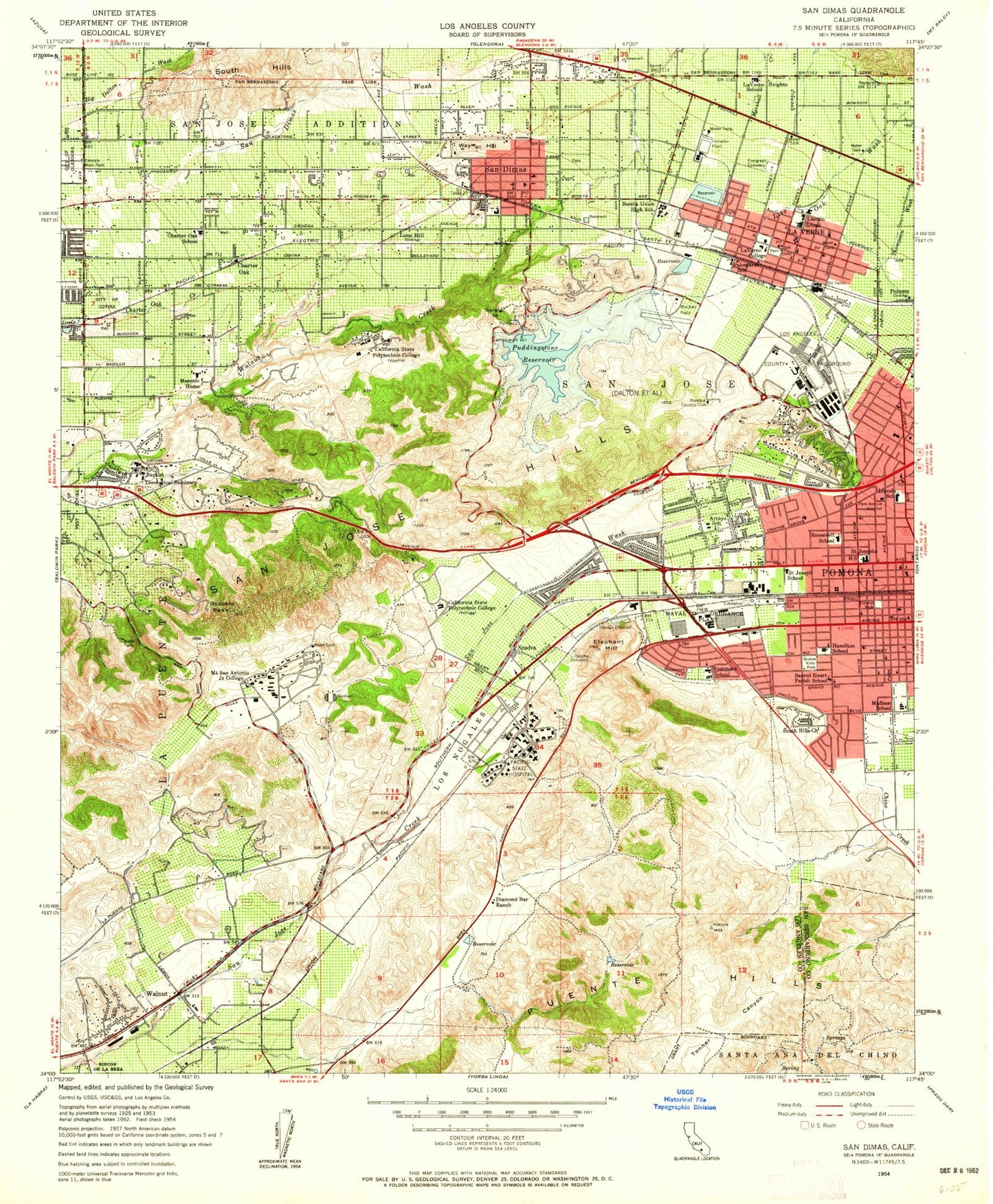 Classic USGS San Dimas California 7.5'x7.5' Topo Map Image