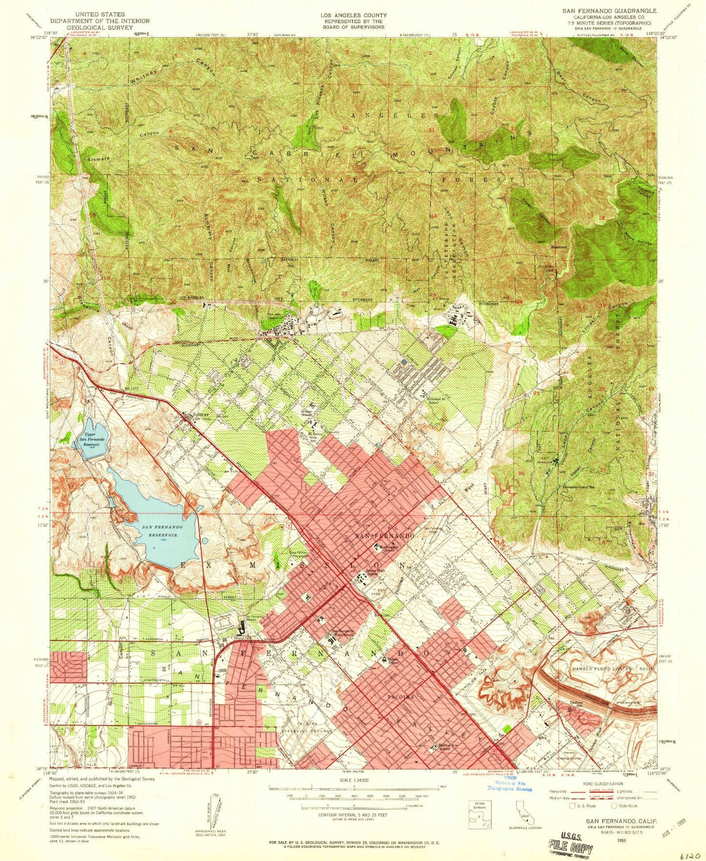 Classic USGS San Fernando California 7.5'x7.5' Topo Map Image