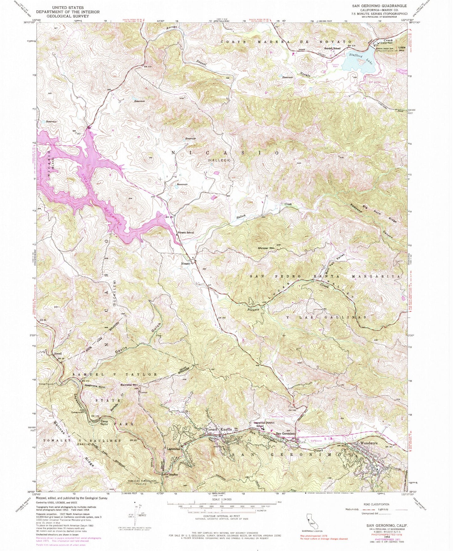 Classic USGS San Geronimo California 7.5'x7.5' Topo Map Image