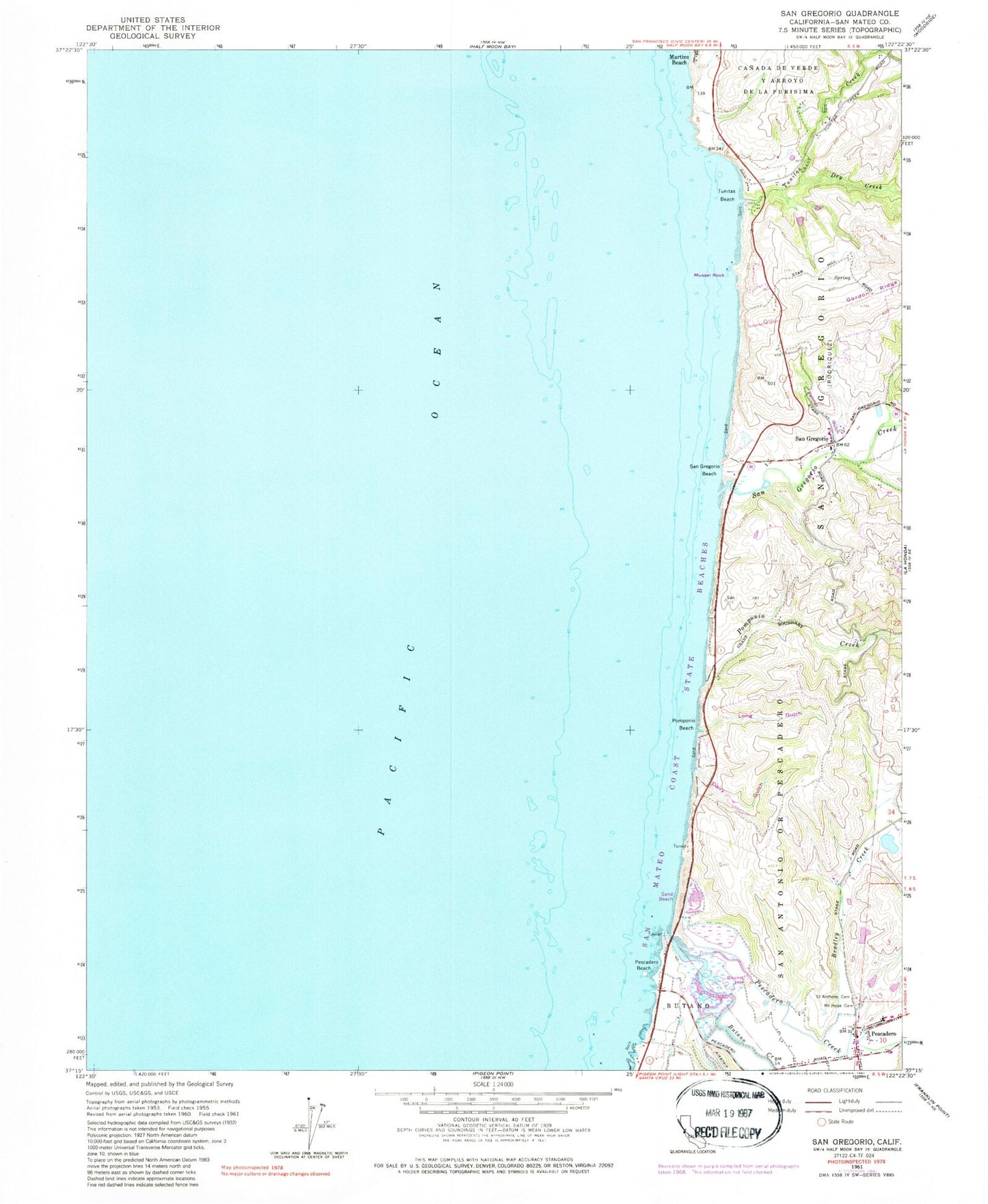 Classic USGS San Gregorio California 7.5'x7.5' Topo Map Image