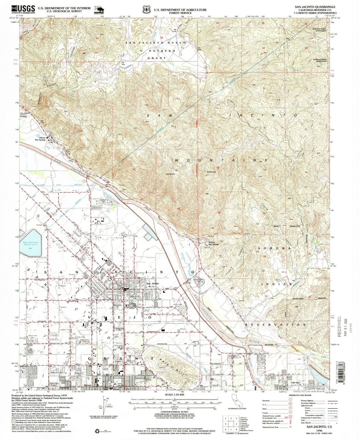Classic USGS San Jacinto California 7.5'x7.5' Topo Map Image