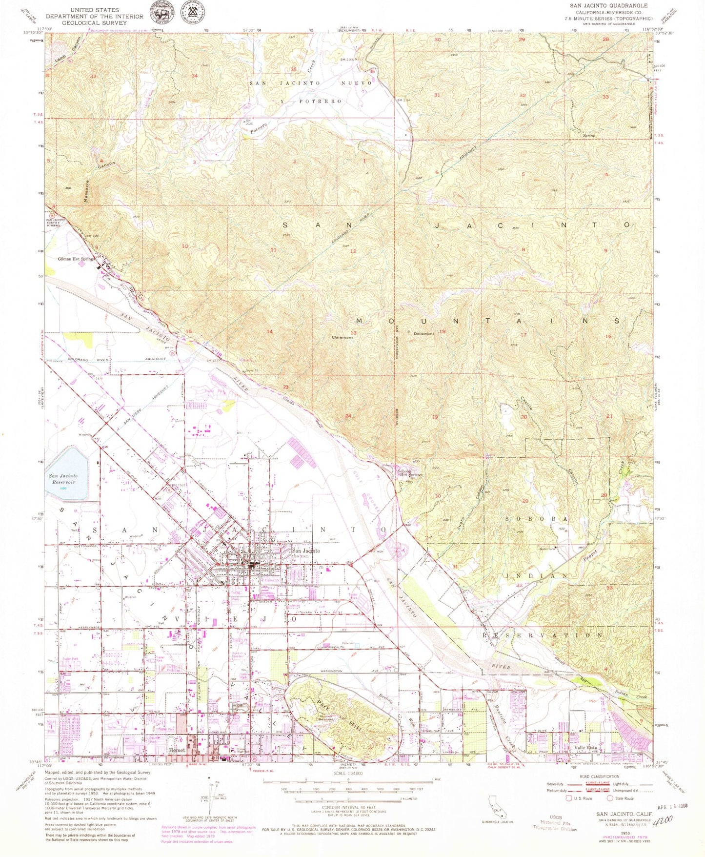 Classic USGS San Jacinto California 7.5'x7.5' Topo Map Image