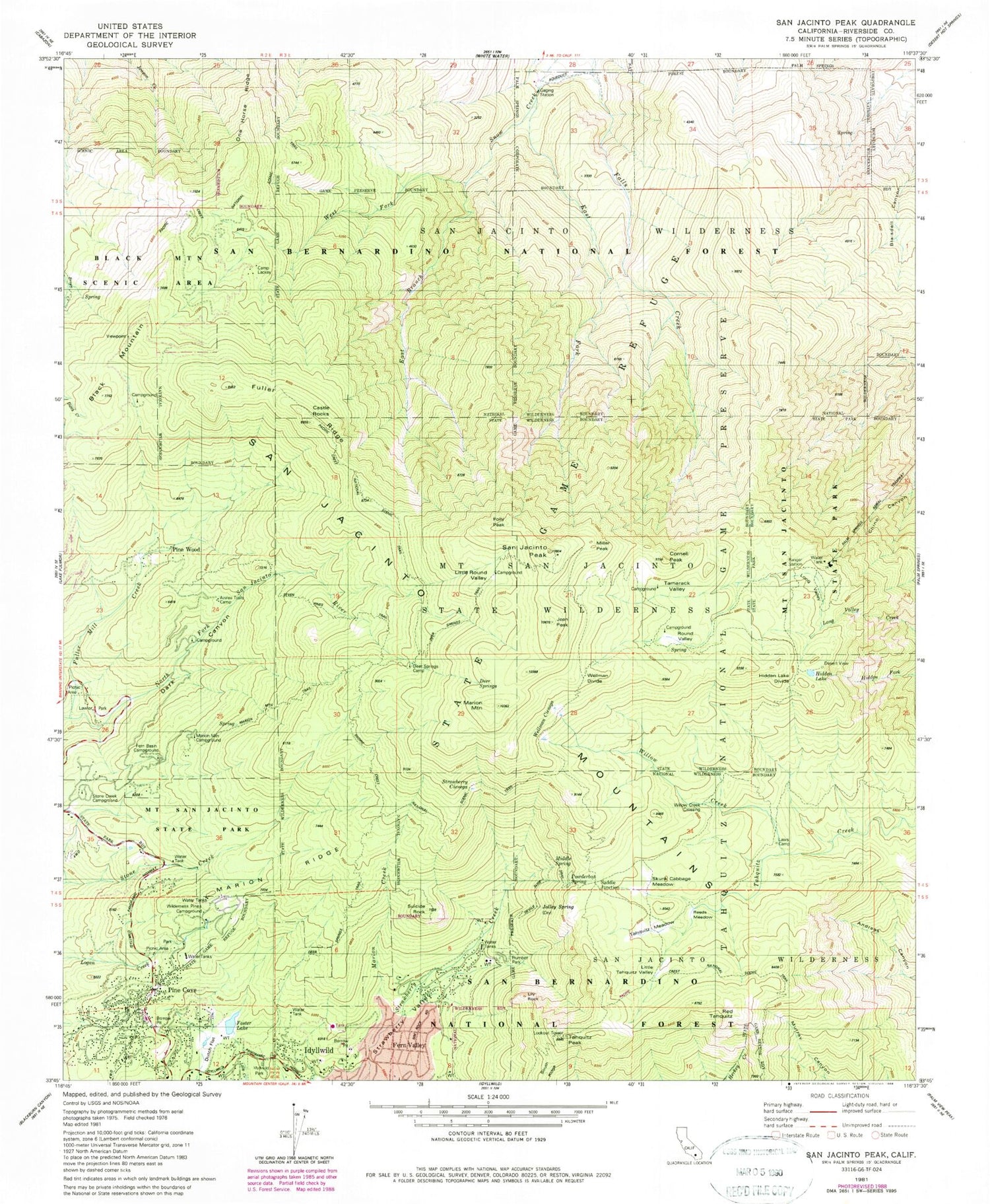 USGS Classic San Jacinto Peak California 7.5'x7.5' Topo Map Image