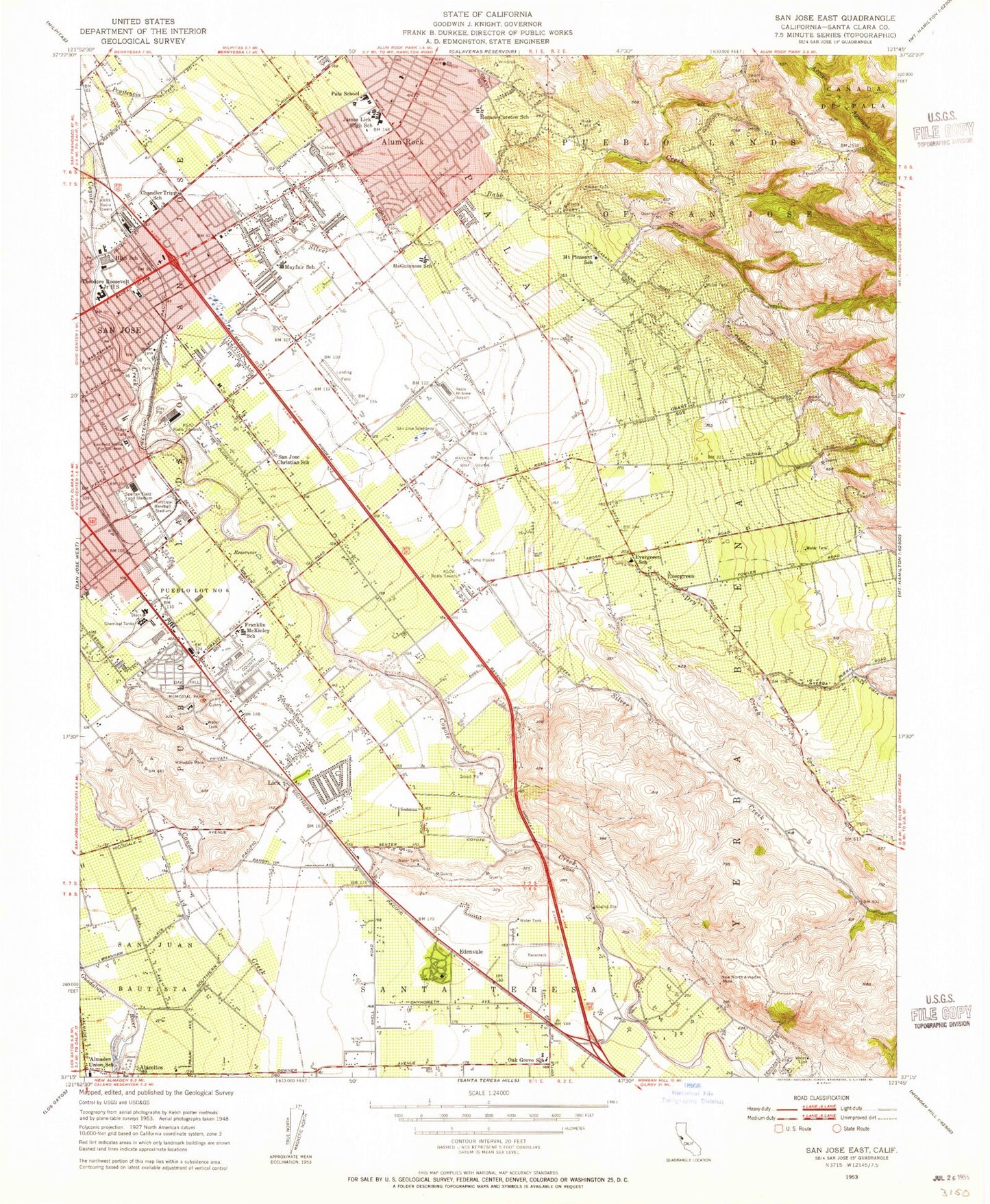 Classic USGS San Jose East California 7.5'x7.5' Topo Map Image