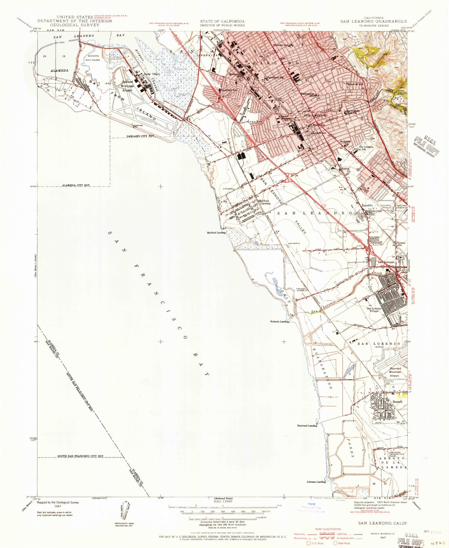 Classic USGS San Leandro California 7.5'x7.5' Topo Map Image