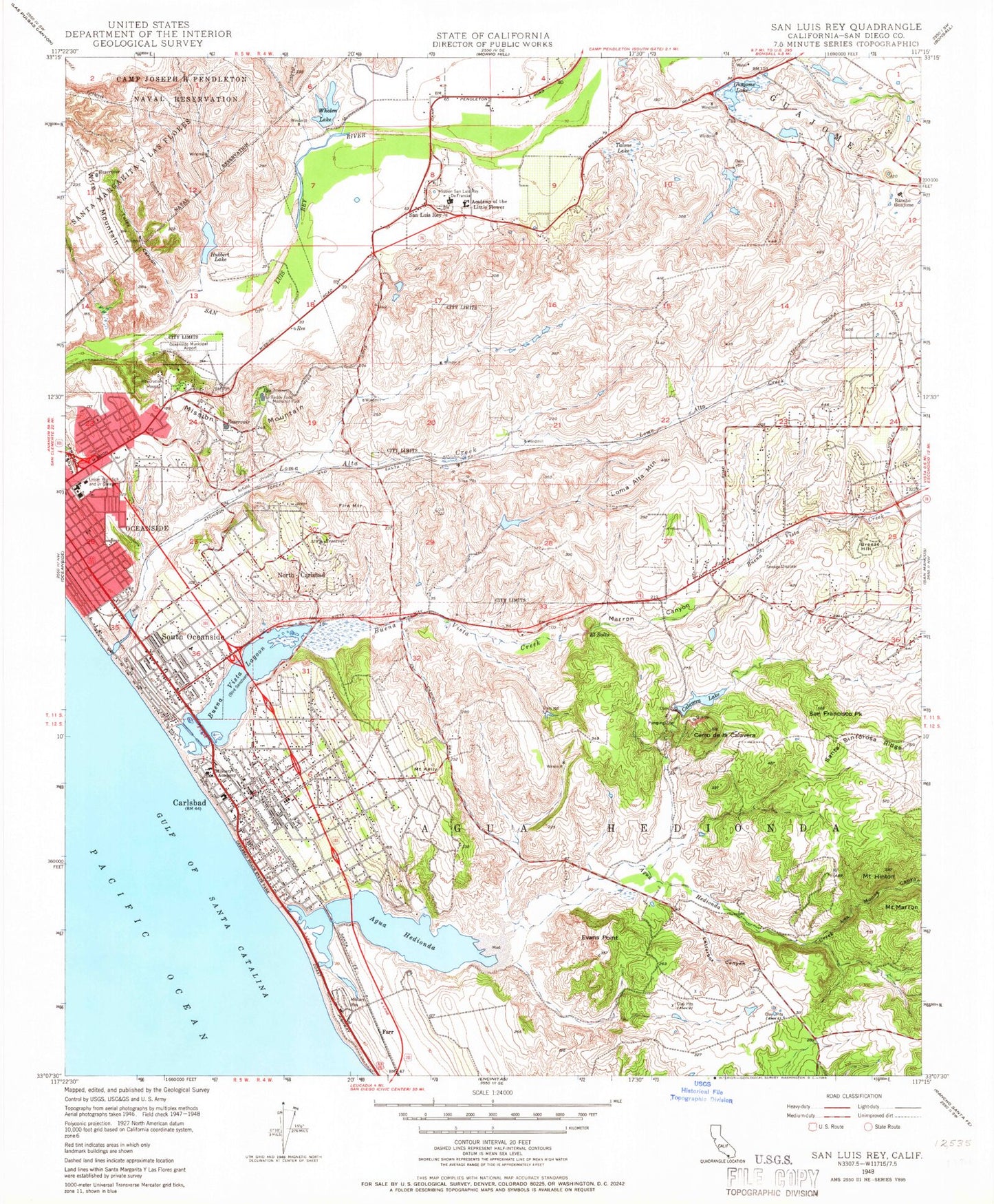 Classic USGS San Luis Rey California 7.5'x7.5' Topo Map Image