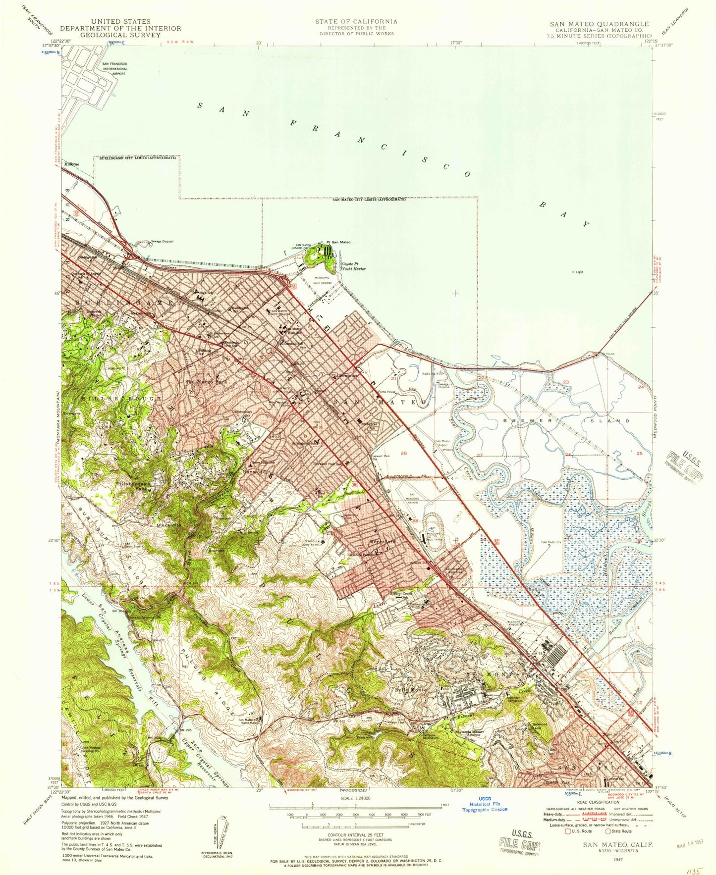 Classic USGS San Mateo California 7.5'x7.5' Topo Map Image