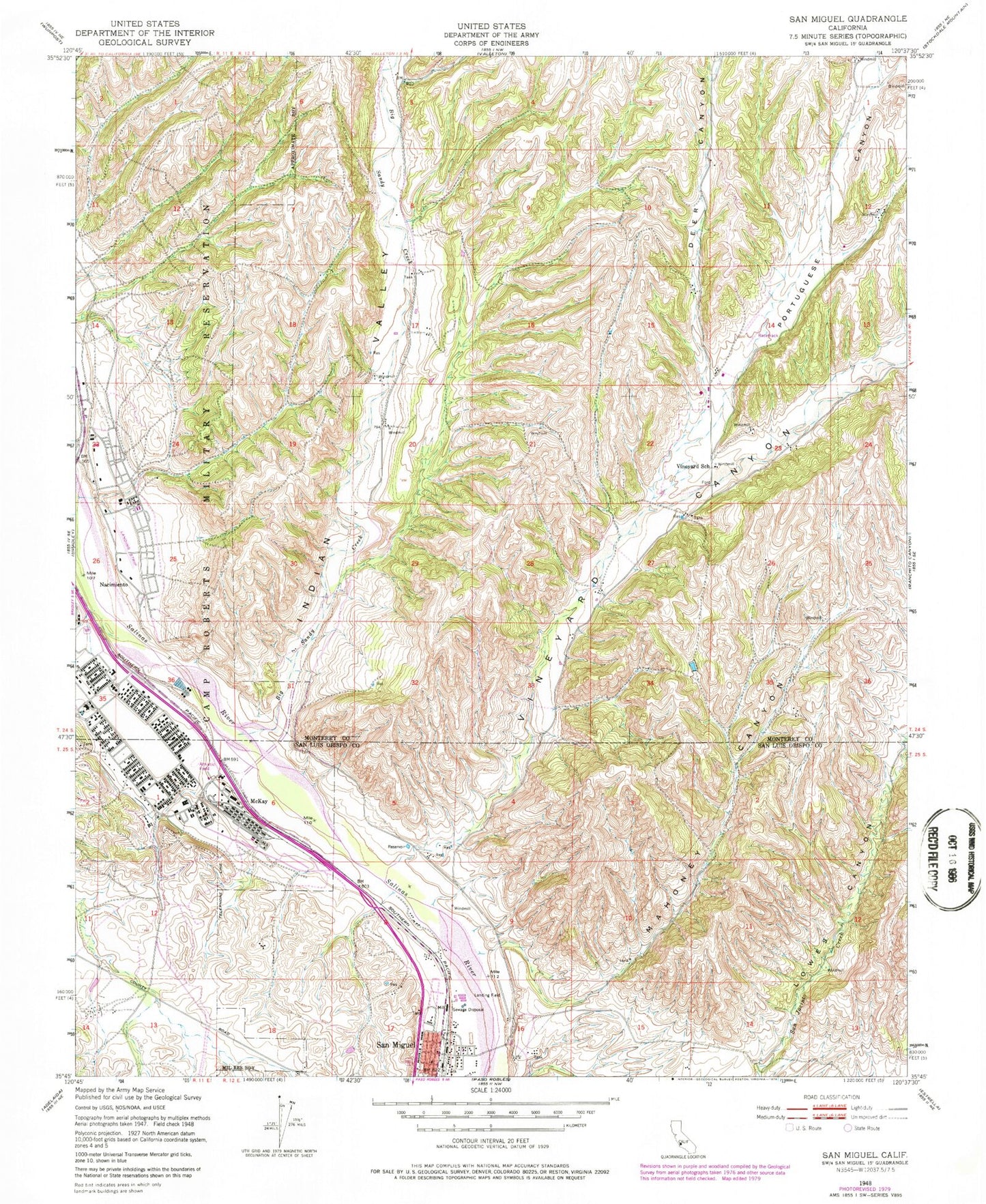 Classic USGS San Miguel California 7.5'x7.5' Topo Map Image