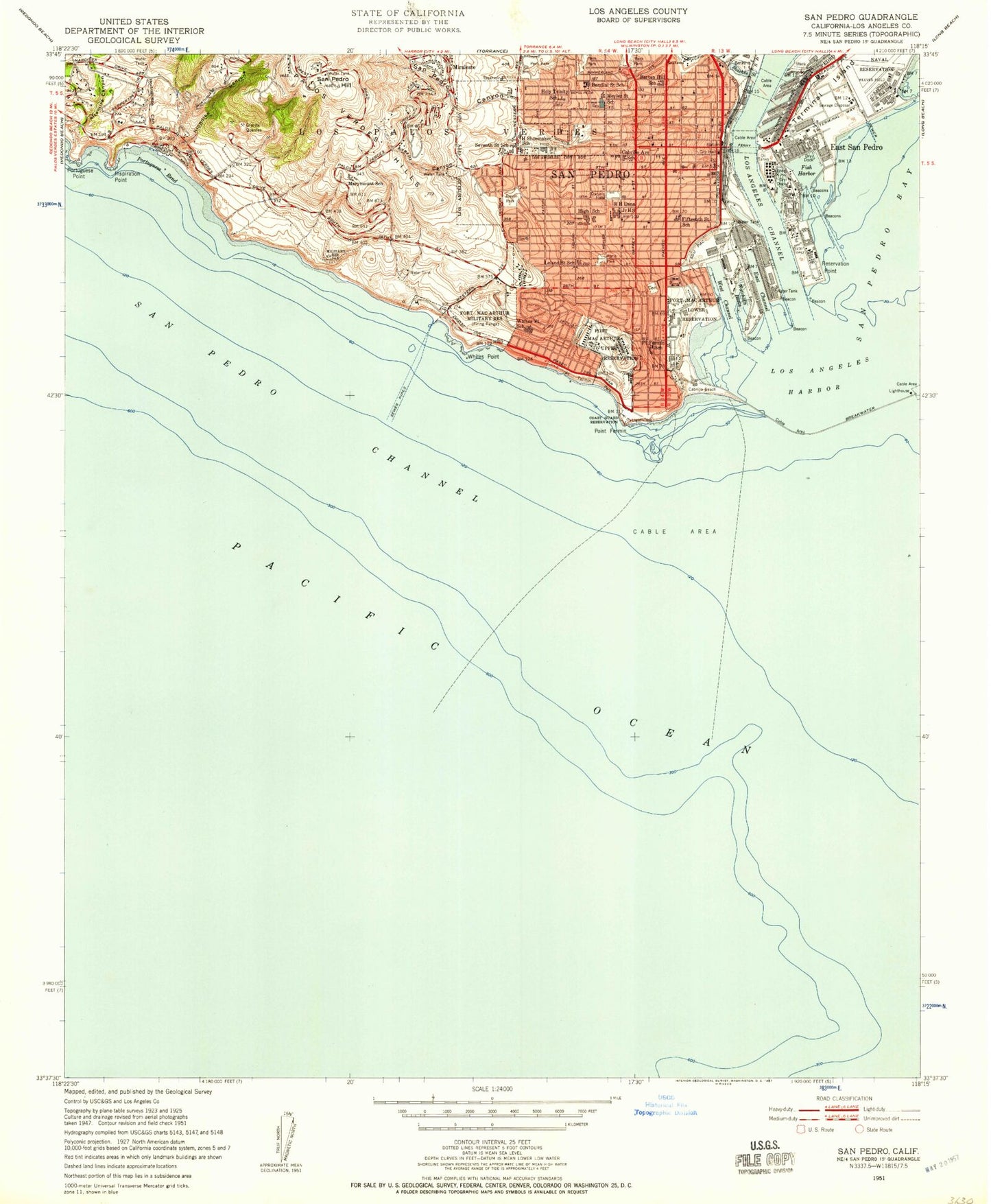Classic USGS San Pedro California 7.5'x7.5' Topo Map Image
