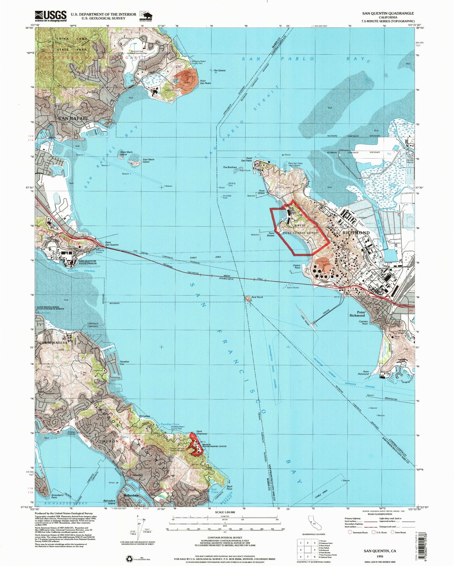 Classic USGS San Quentin California 7.5'x7.5' Topo Map Image