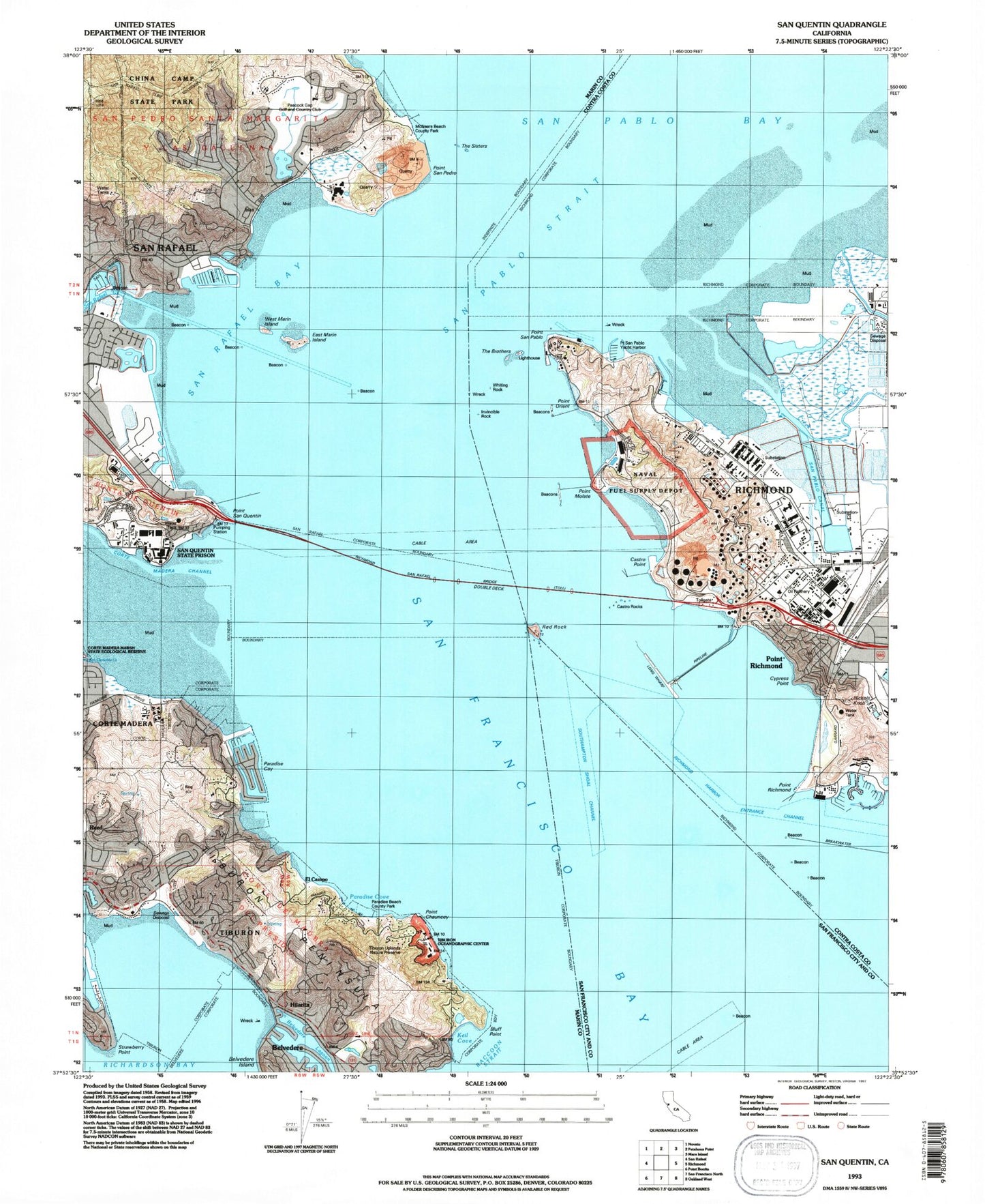 Classic USGS San Quentin California 7.5'x7.5' Topo Map Image