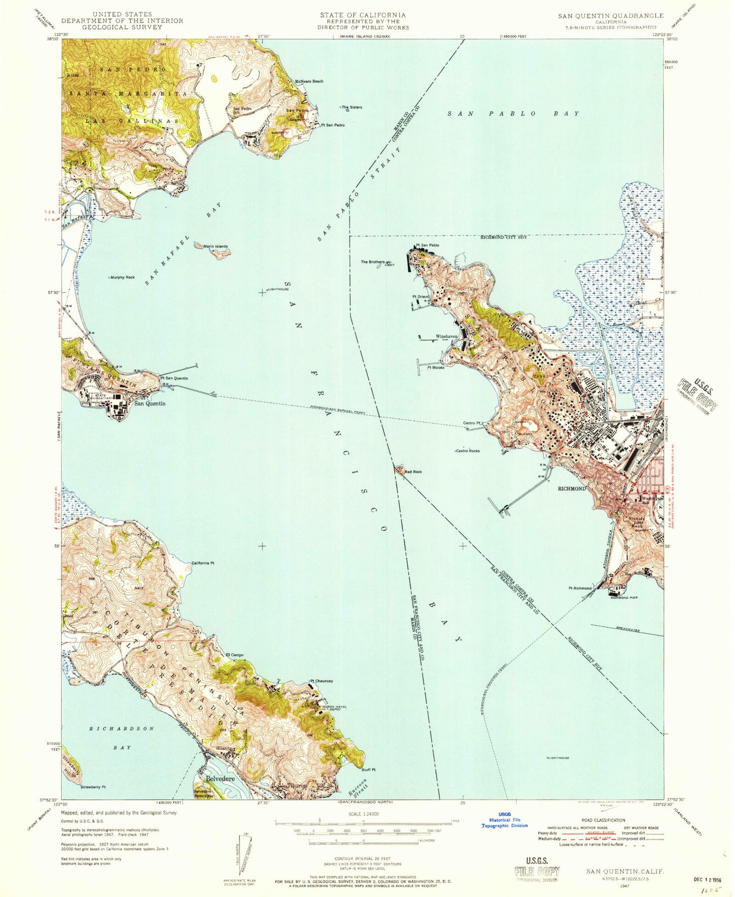 Classic USGS San Quentin California 7.5'x7.5' Topo Map Image