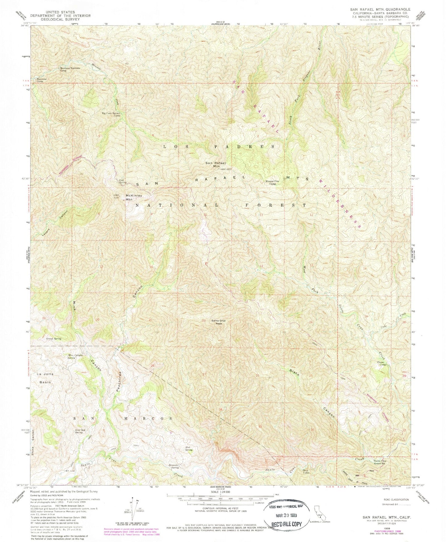Classic USGS San Rafael Mountain California 7.5'x7.5' Topo Map Image
