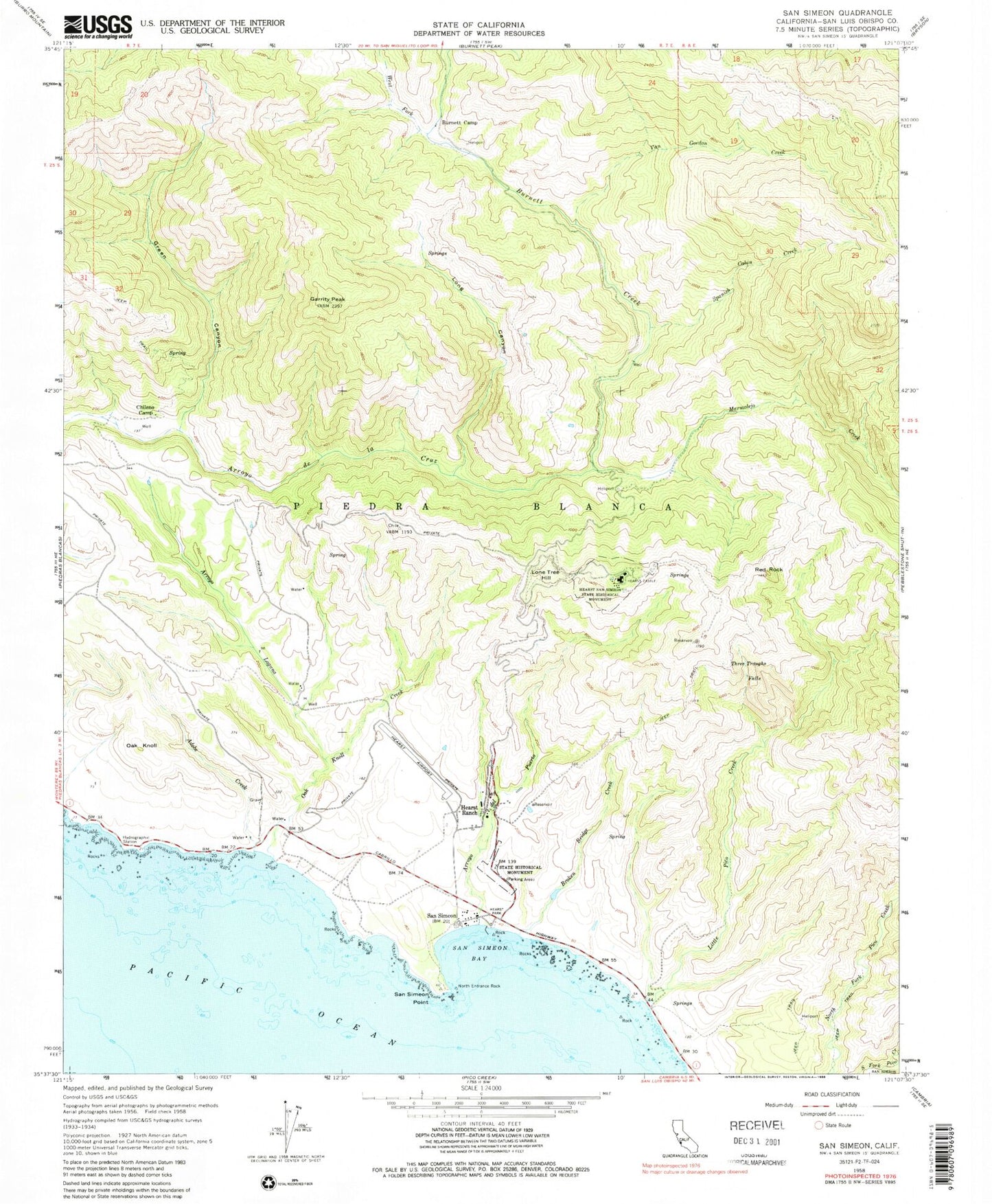 Classic USGS San Simeon California 7.5'x7.5' Topo Map Image