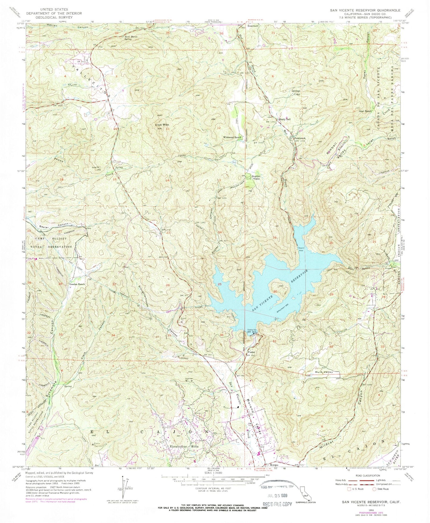 Classic USGS San Vicente Reservoir California 7.5'x7.5' Topo Map Image