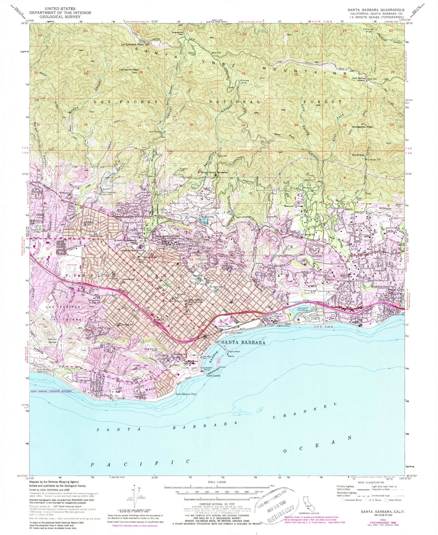 Classic USGS Santa Barbara California 7.5'x7.5' Topo Map Image