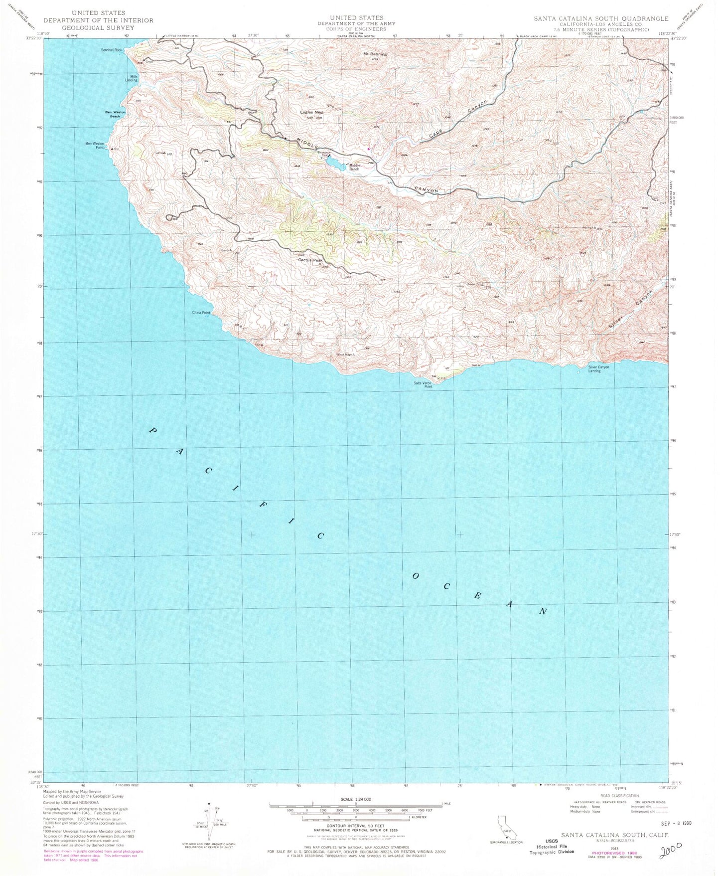 Classic USGS Santa Catalina South California 7.5'x7.5' Topo Map Image