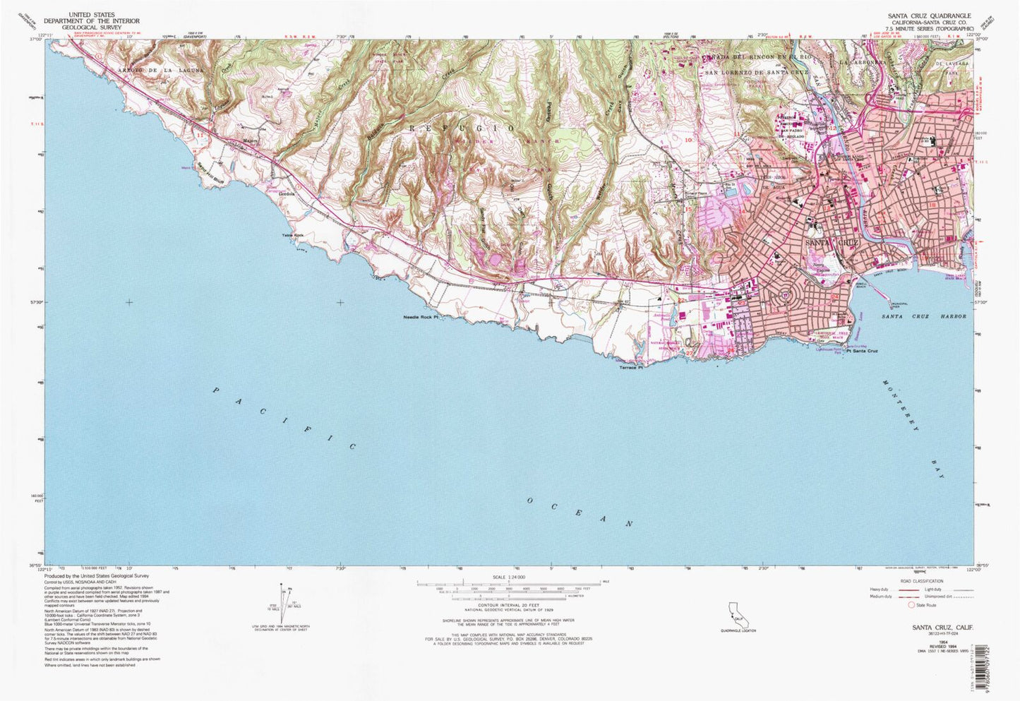 Classic USGS Santa Cruz California 7.5'x7.5' Topo Map Image