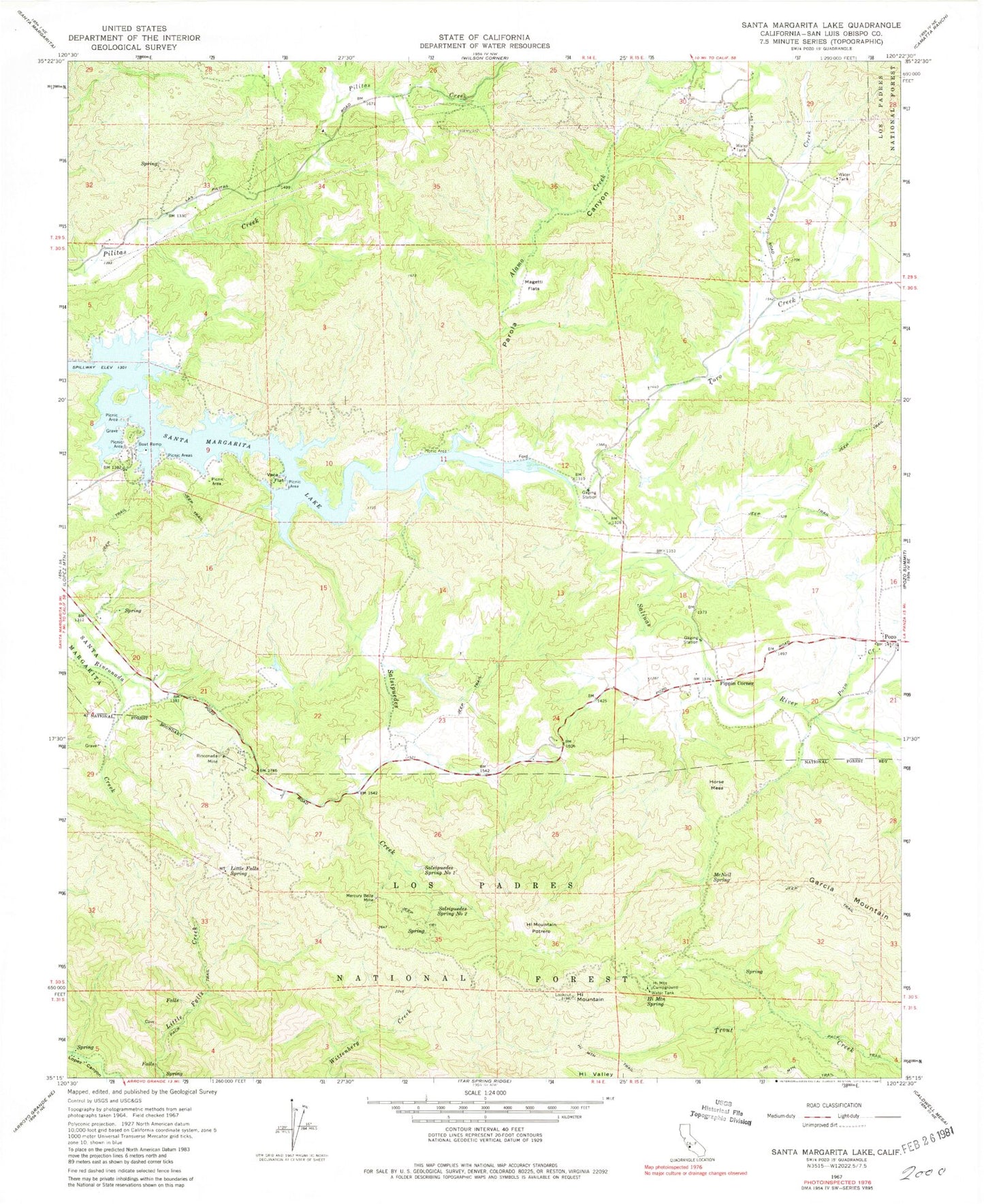 Classic USGS Santa Margarita Lake California 7.5'x7.5' Topo Map Image