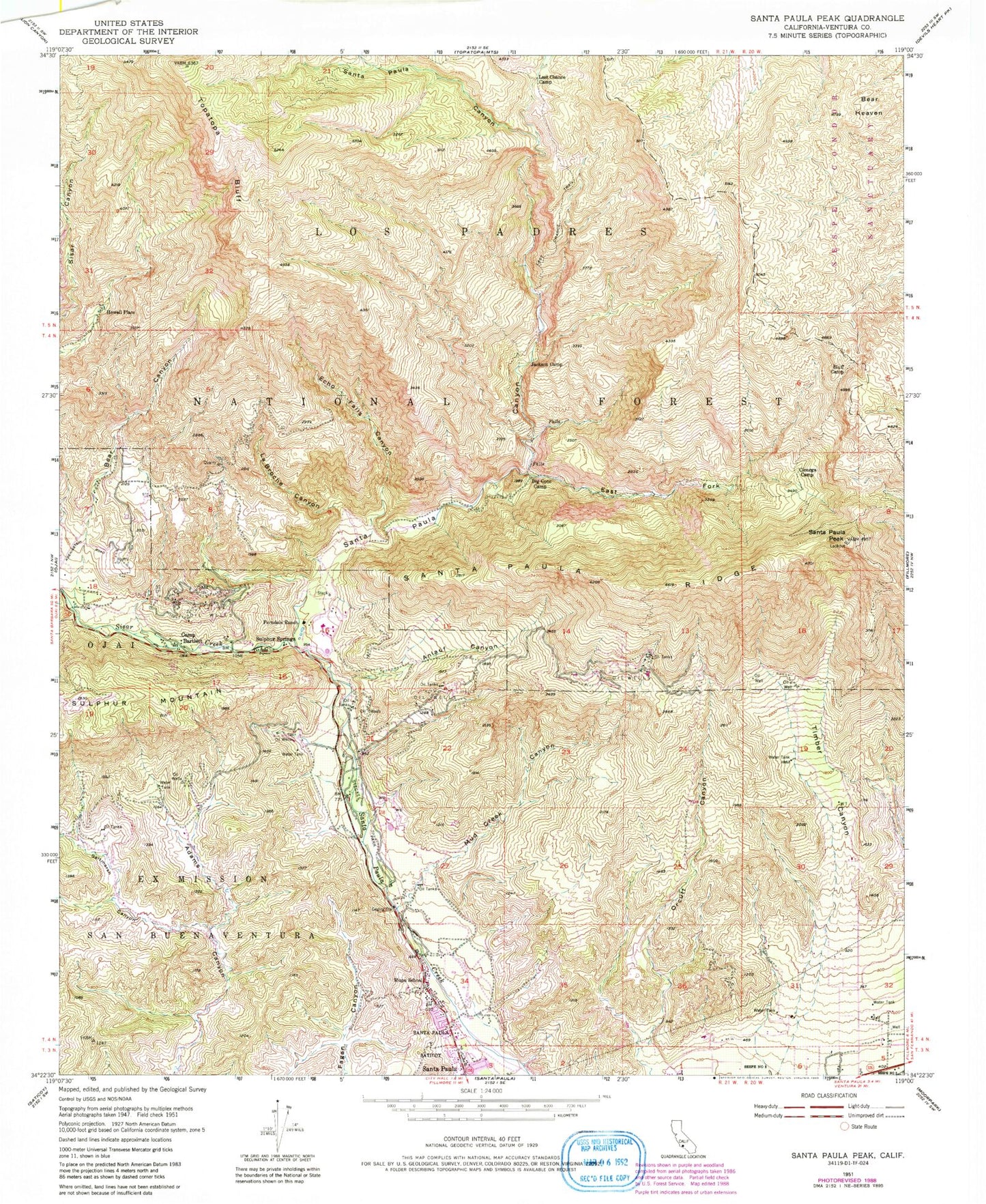 Classic USGS Santa Paula Peak California 7.5'x7.5' Topo Map Image