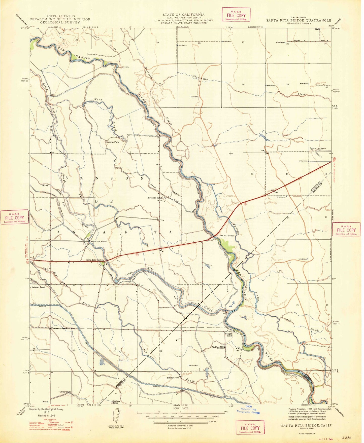 Classic USGS Santa Rita Bridge California 7.5'x7.5' Topo Map Image
