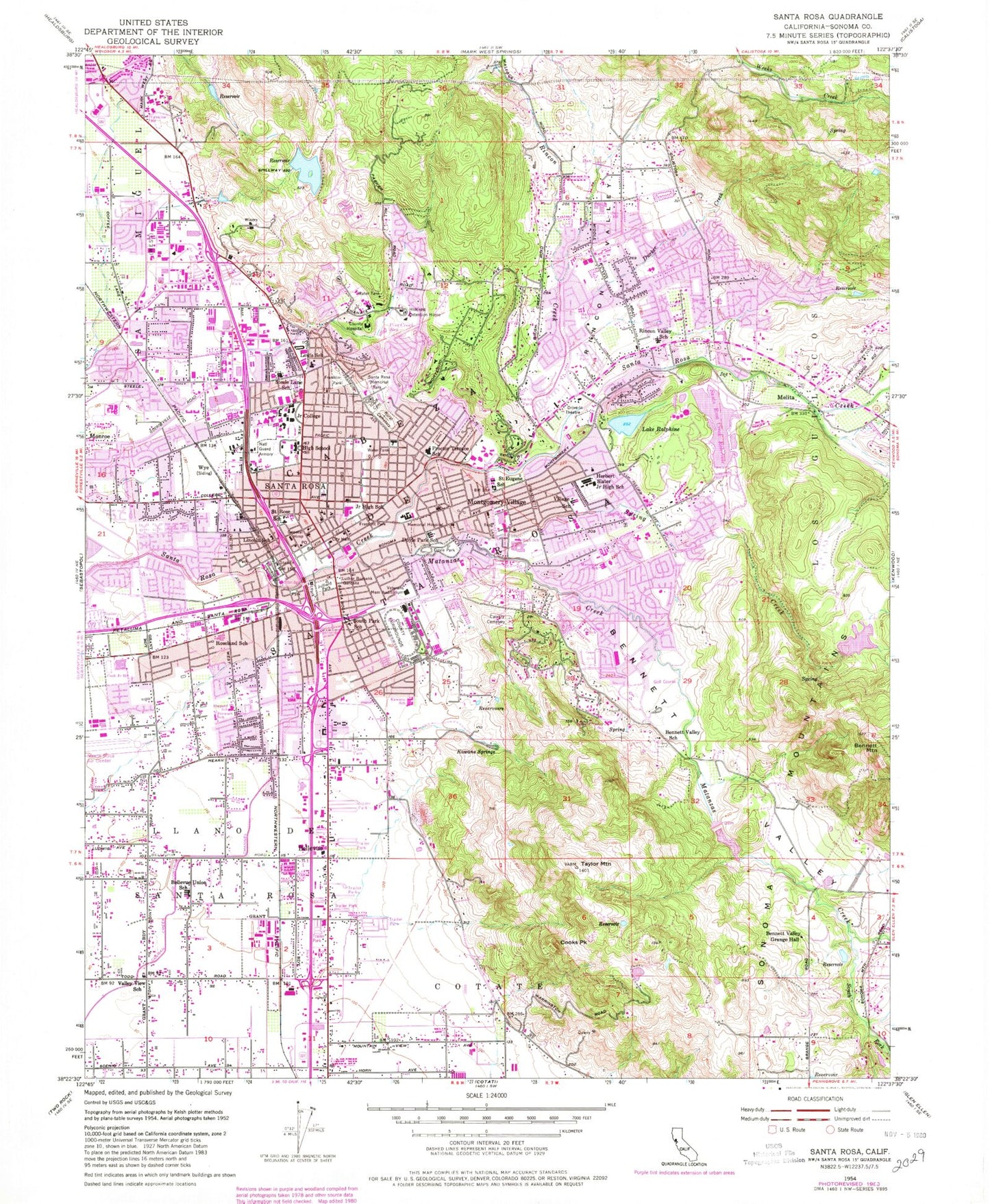 Classic USGS Santa Rosa California 7.5'x7.5' Topo Map Image