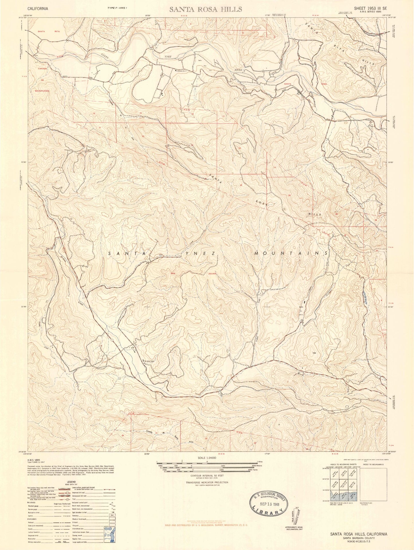 Classic USGS Santa Rosa Hills California 7.5'x7.5' Topo Map Image