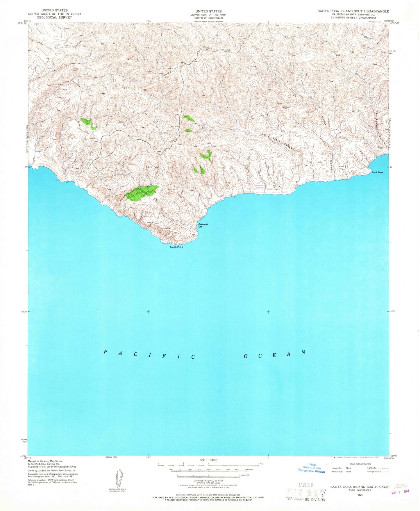 Classic USGS Santa Rosa Island South California 7.5'x7.5' Topo Map Image