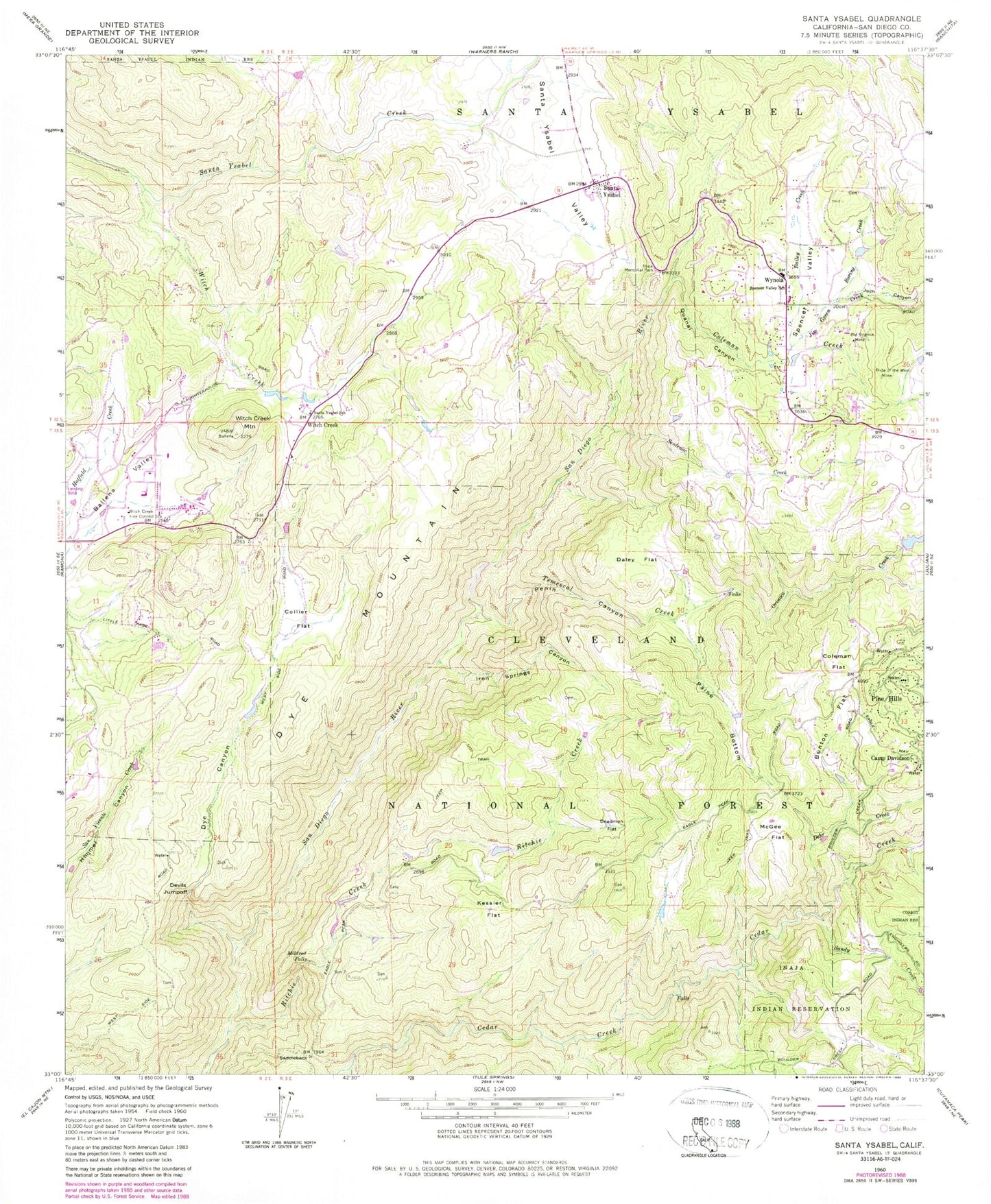 Classic USGS Santa Ysabel California 7.5'x7.5' Topo Map Image