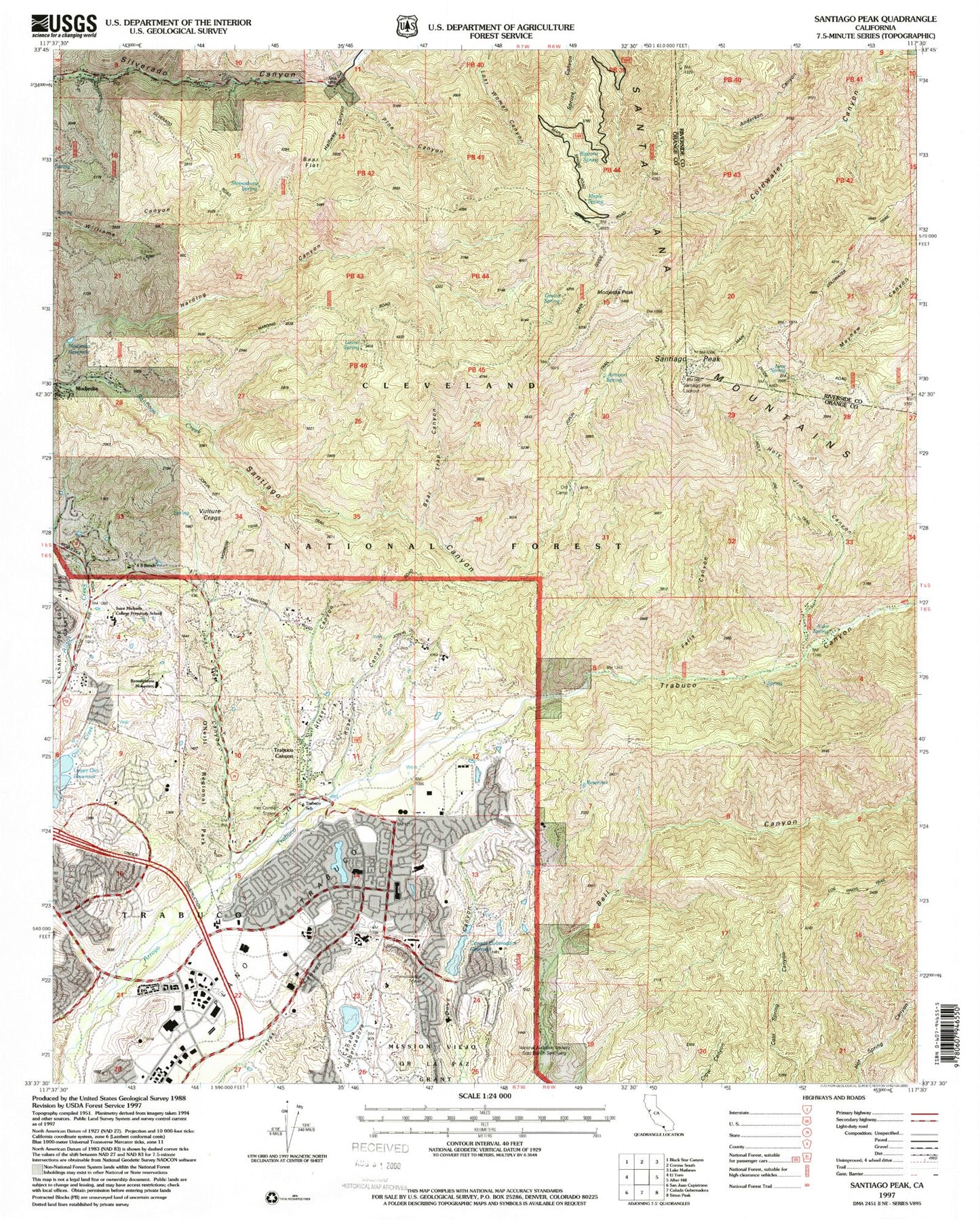 USGS Classic Santiago Peak California 7.5'x7.5' Topo Map Image