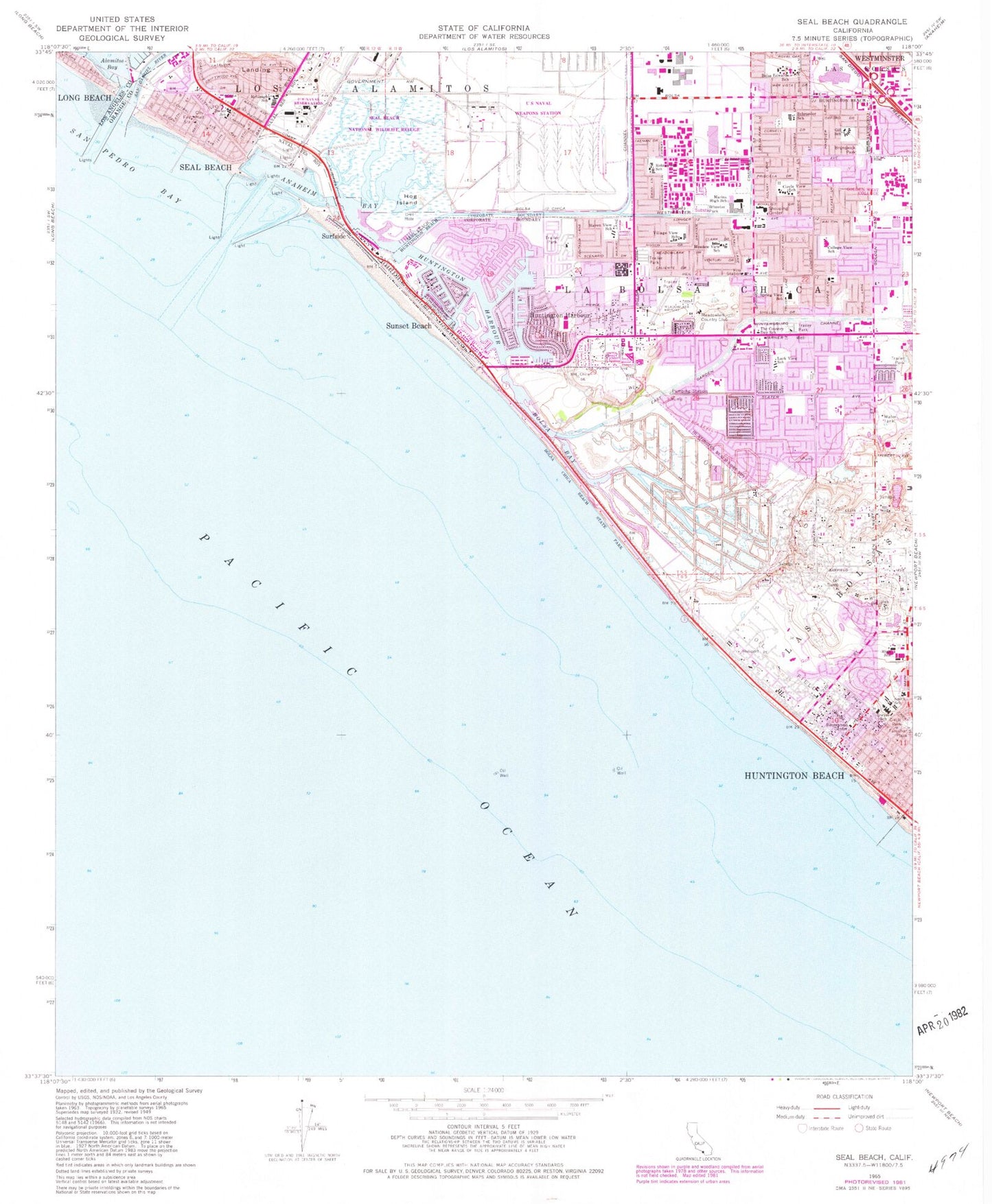 Classic USGS Seal Beach California 7.5'x7.5' Topo Map Image