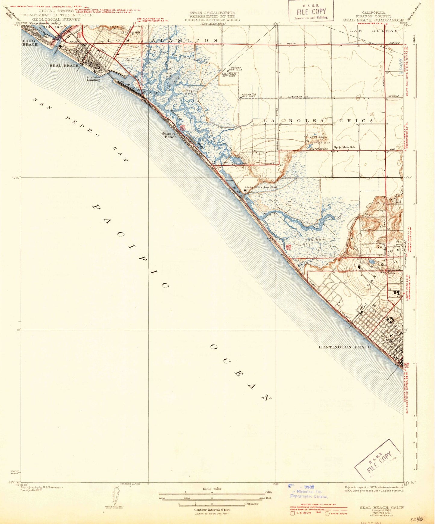 Classic USGS Seal Beach California 7.5'x7.5' Topo Map Image