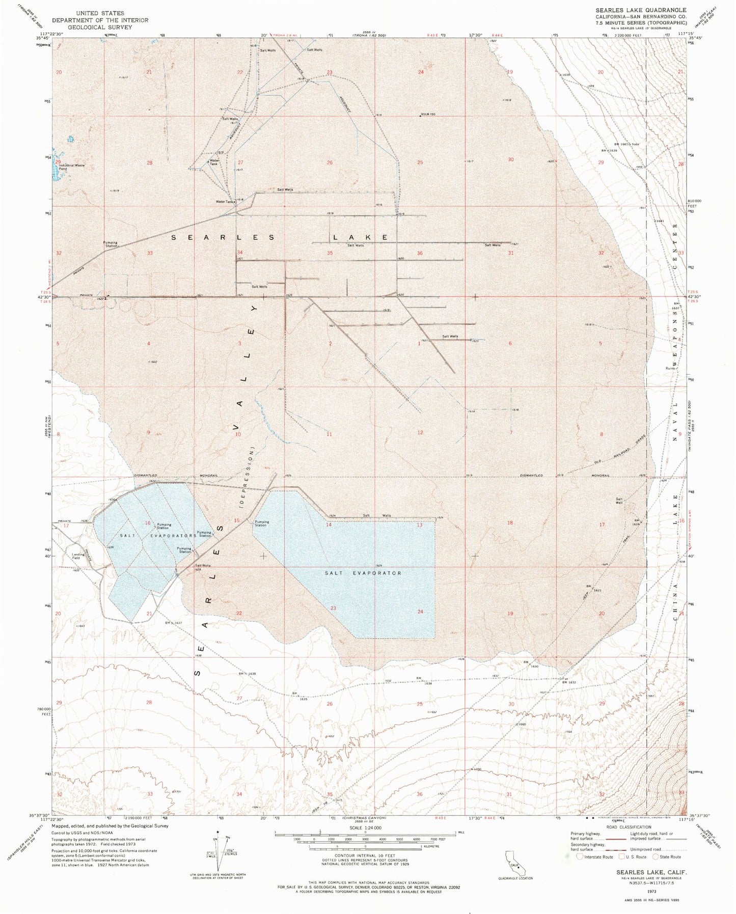 Classic USGS Searles Lake California 7.5'x7.5' Topo Map Image