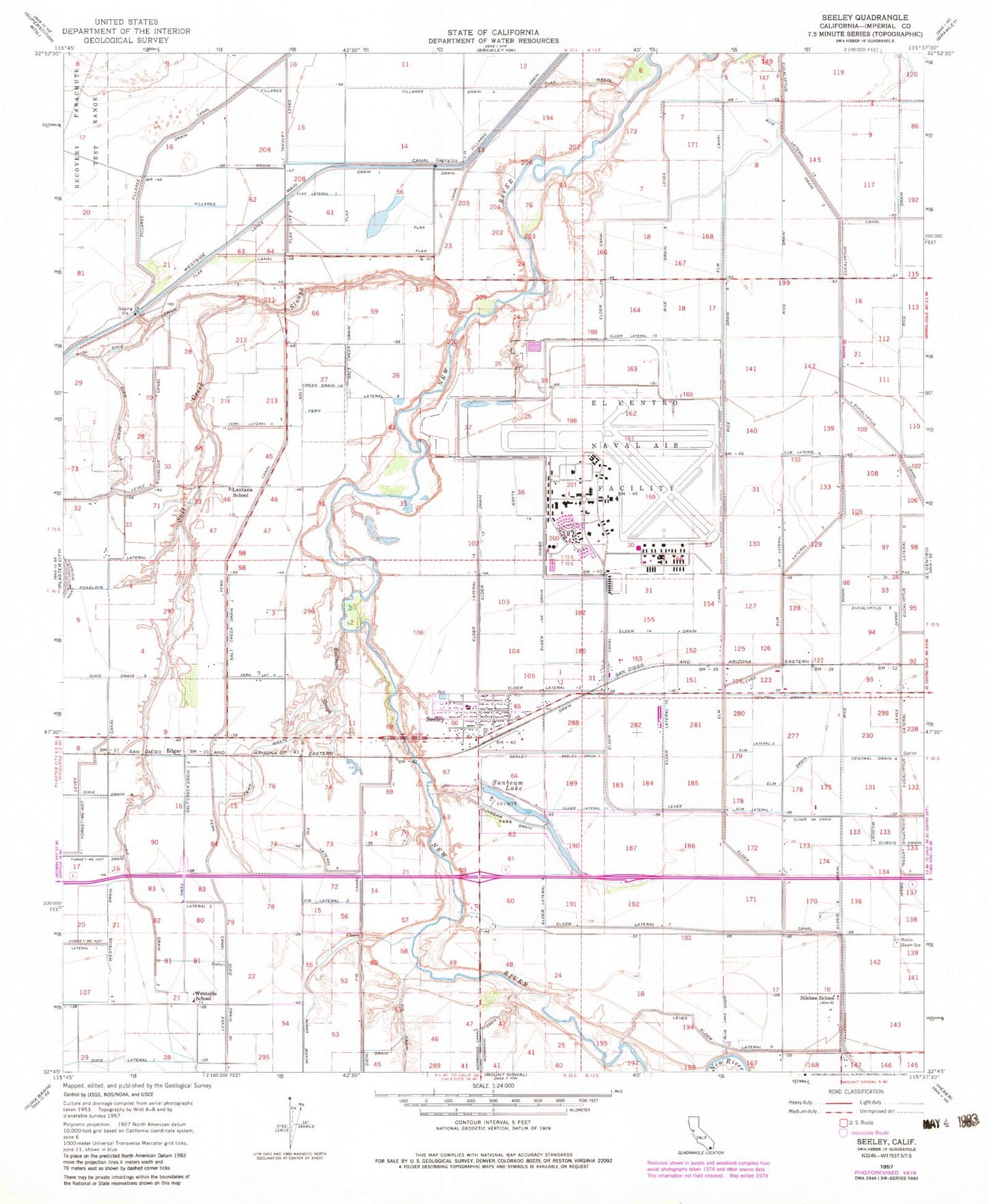 Classic USGS Seeley California 7.5'x7.5' Topo Map Image