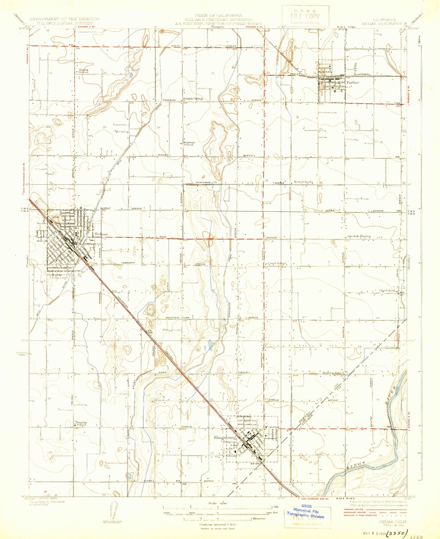 Classic USGS Selma California 7.5'x7.5' Topo Map Image