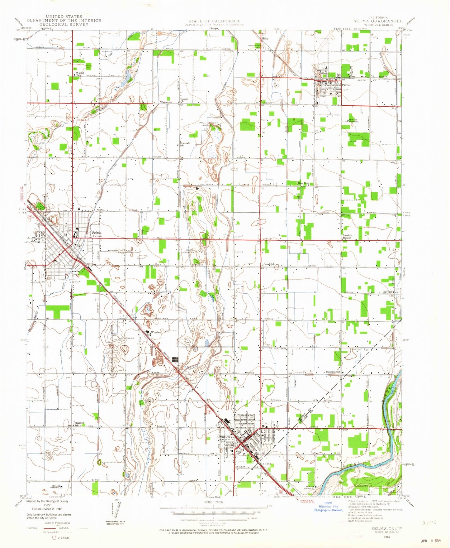 Classic USGS Selma California 7.5'x7.5' Topo Map Image