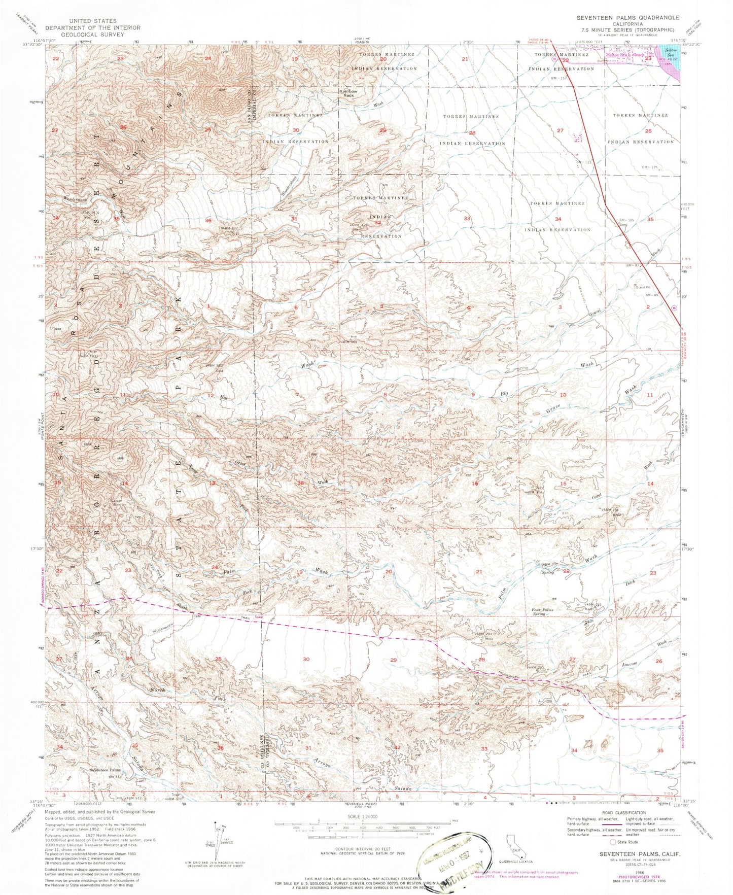 Classic USGS Seventeen Palms California 7.5'x7.5' Topo Map Image