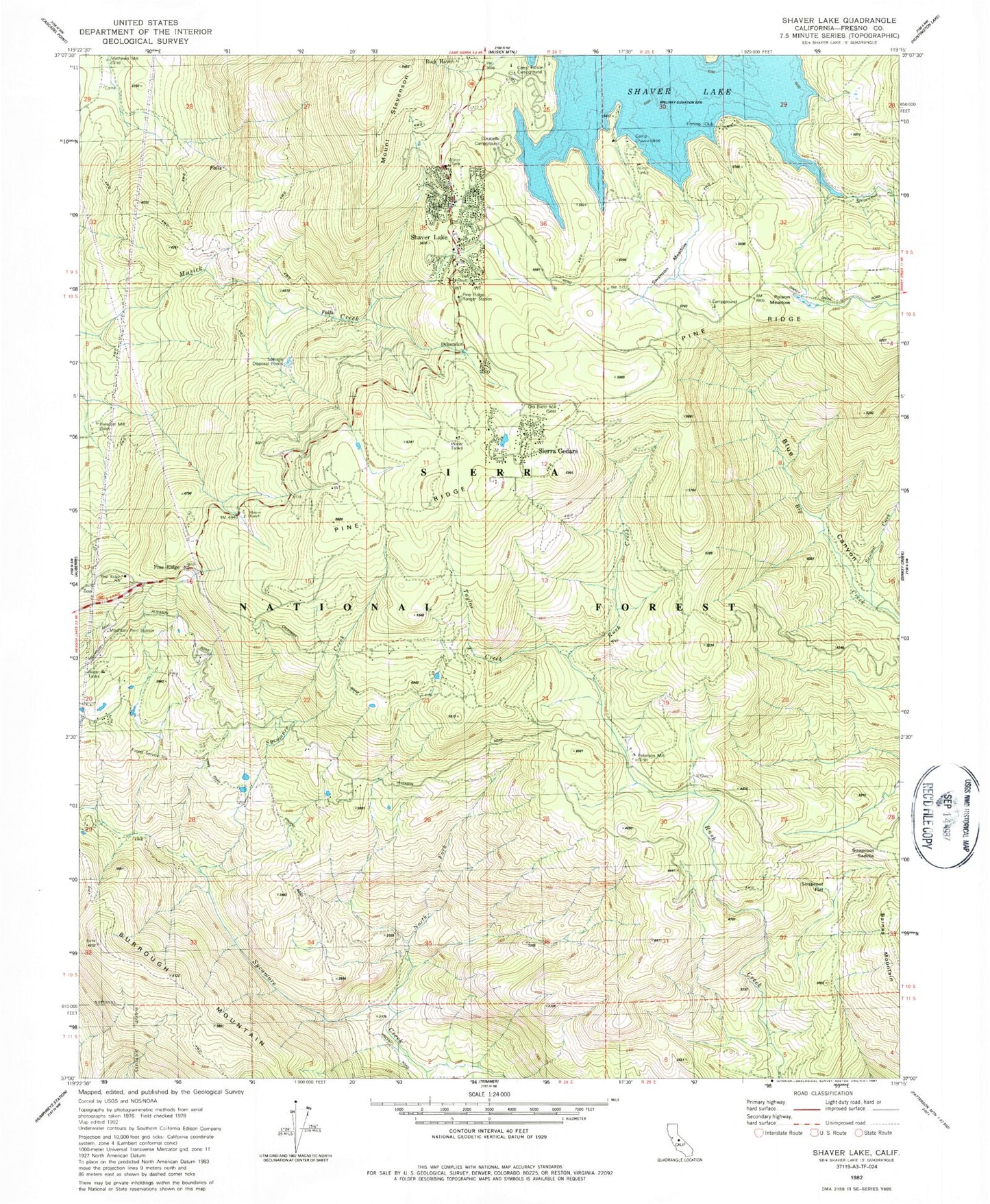 Classic USGS Shaver Lake California 7.5'x7.5' Topo Map Image