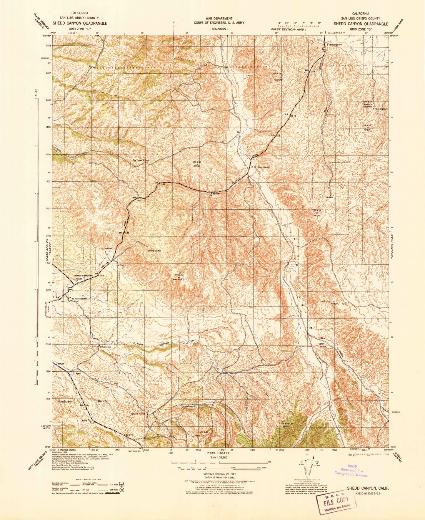 Classic USGS Shedd Canyon California 7.5'x7.5' Topo Map Image