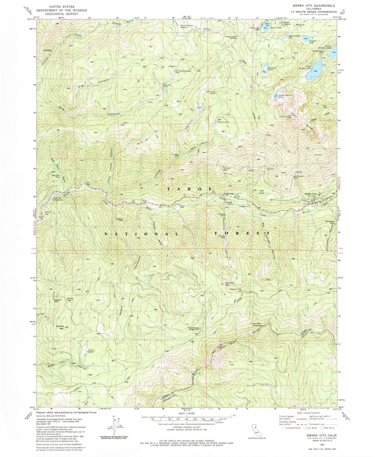 Classic USGS Sierra City California 7.5'x7.5' Topo Map Image