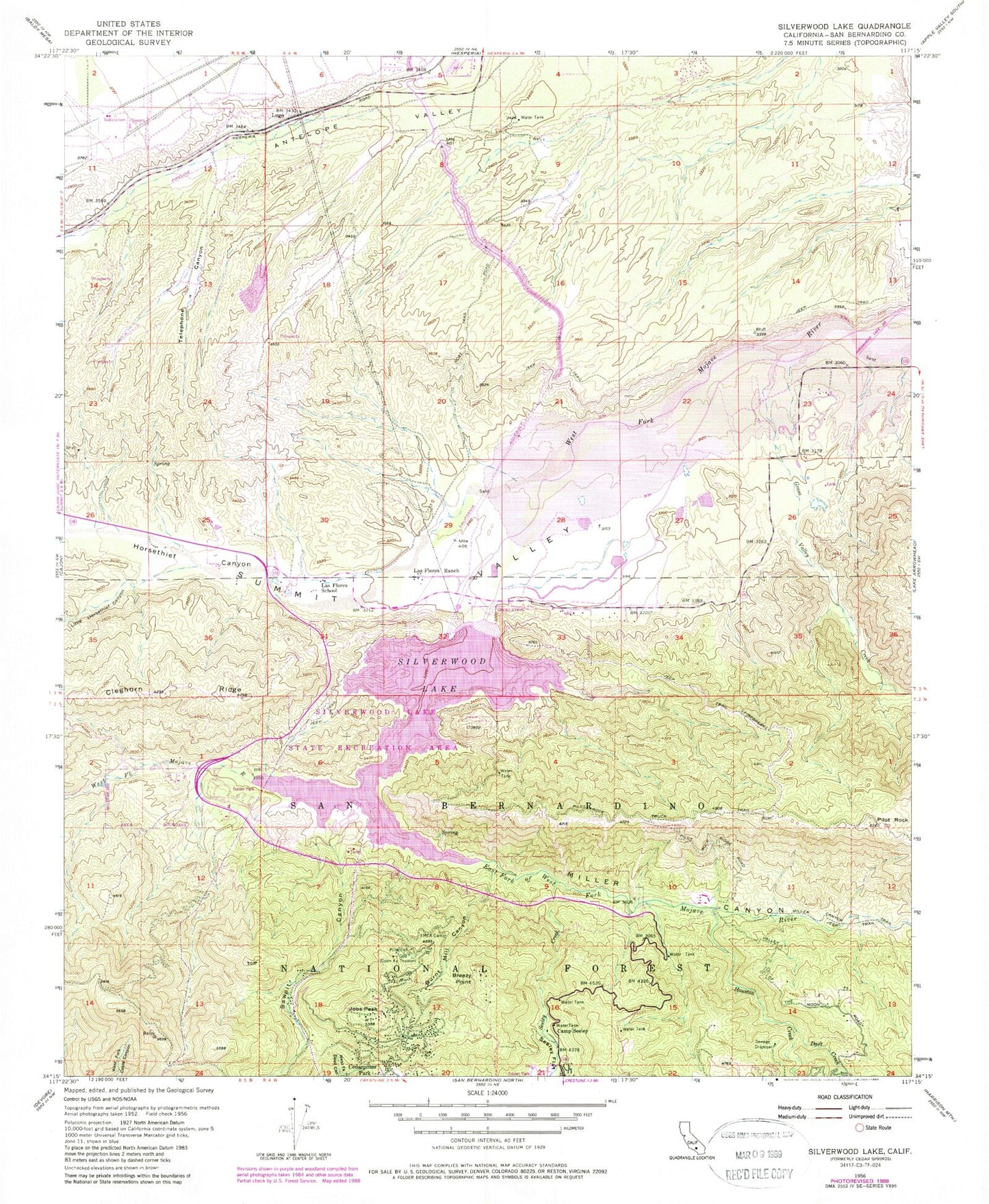 Classic USGS Silverwood Lake California 7.5'x7.5' Topo Map Image