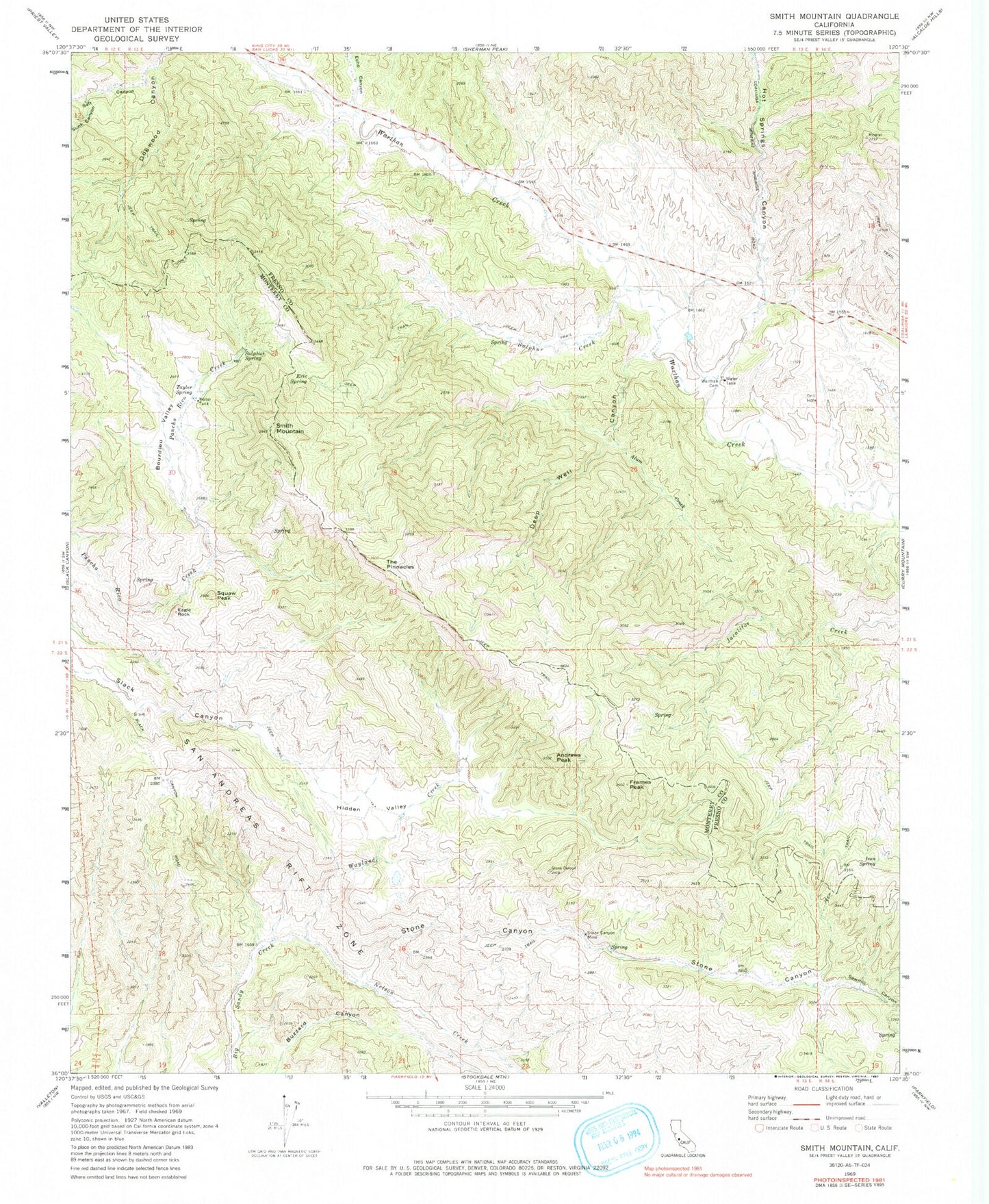 Classic USGS Smith Mountain California 7.5'x7.5' Topo Map Image