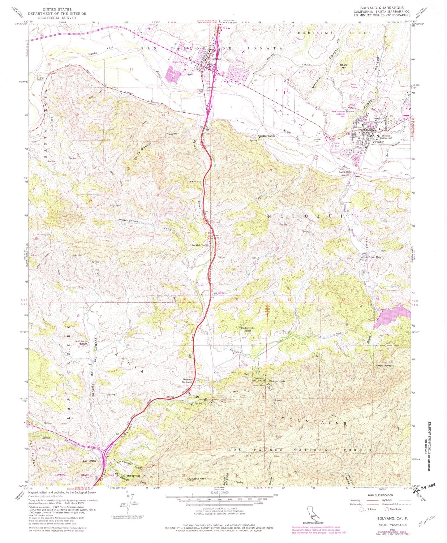 Classic USGS Solvang California 7.5'x7.5' Topo Map Image