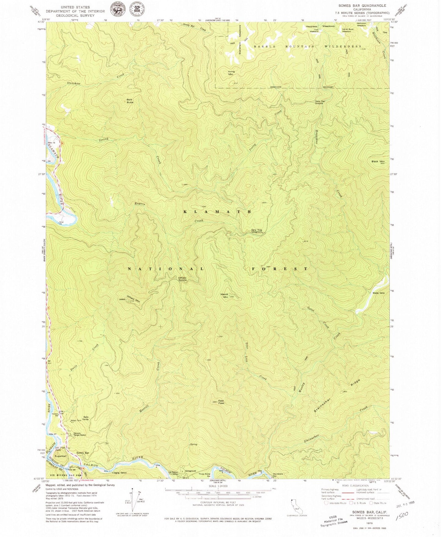 Classic USGS Somes Bar California 7.5'x7.5' Topo Map Image
