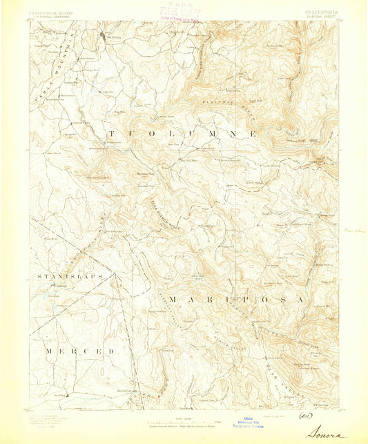 Historic 1893 Sonora California 30'x30' Topo Map Image